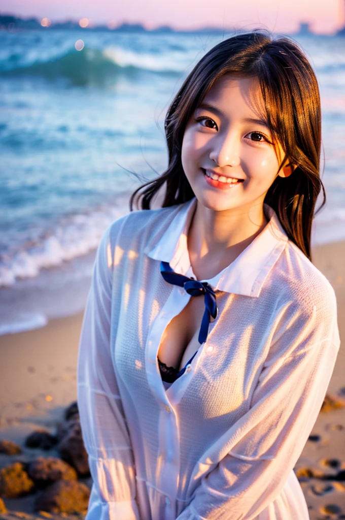 A very cute face like an idol、Looks like a young face、20-year-old female、Gentle and cute、A kind smile、Cleavage、Collared shirt、Walking on the beach at sunset、Natural light、whole body、RAW Photos、Genuine、live-action、Artistic、Real Stick、High resolution、masterpiece