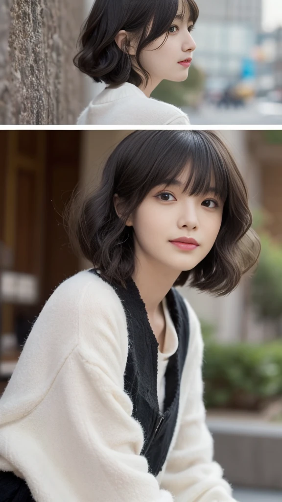 (Highest quality, Very detailed, masterpiece:1.2), 1 women, Very thin body, length, Thin legs, ((Black wavy short hair:1.2)), ((Thick and fluffy bangs)), Very detailedな顔,A faint smile, small, Thin Nose, small thin mouth, Extremely sharply focused eyes, Japanese, Beautiful Face, Realistic eyes, Beautiful and beautiful eyes, Realistic Skin, Beautiful Skin, charm, (A vivid face), Beautiful Hairstyles,((キャミソール),((脇を見せる,腕を上げる)),Creepy and unique hairstyles,下からのアングル, High resolution, Vibrant color palette, Mysterious and mysterious stone wall, Amazing place,Characteristic dark shadows and strange details, background, Backwards