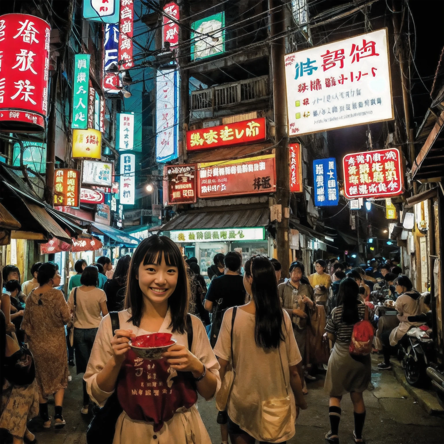 (masterpiece:1.2、Highest quality)、Hot Spring Town、Places to visit in Japan、Night view of tourist spot、Unsanitary and despicable environment、Shady Red Light District、Summer clothes、Summer festival、Tavern on the street、(Detailed and cute face:1.3)、(3More than 100 cute girls)、Rusted metal、Dirty walls、Full of garbage、((Eat well))、perfect anatomy、smile