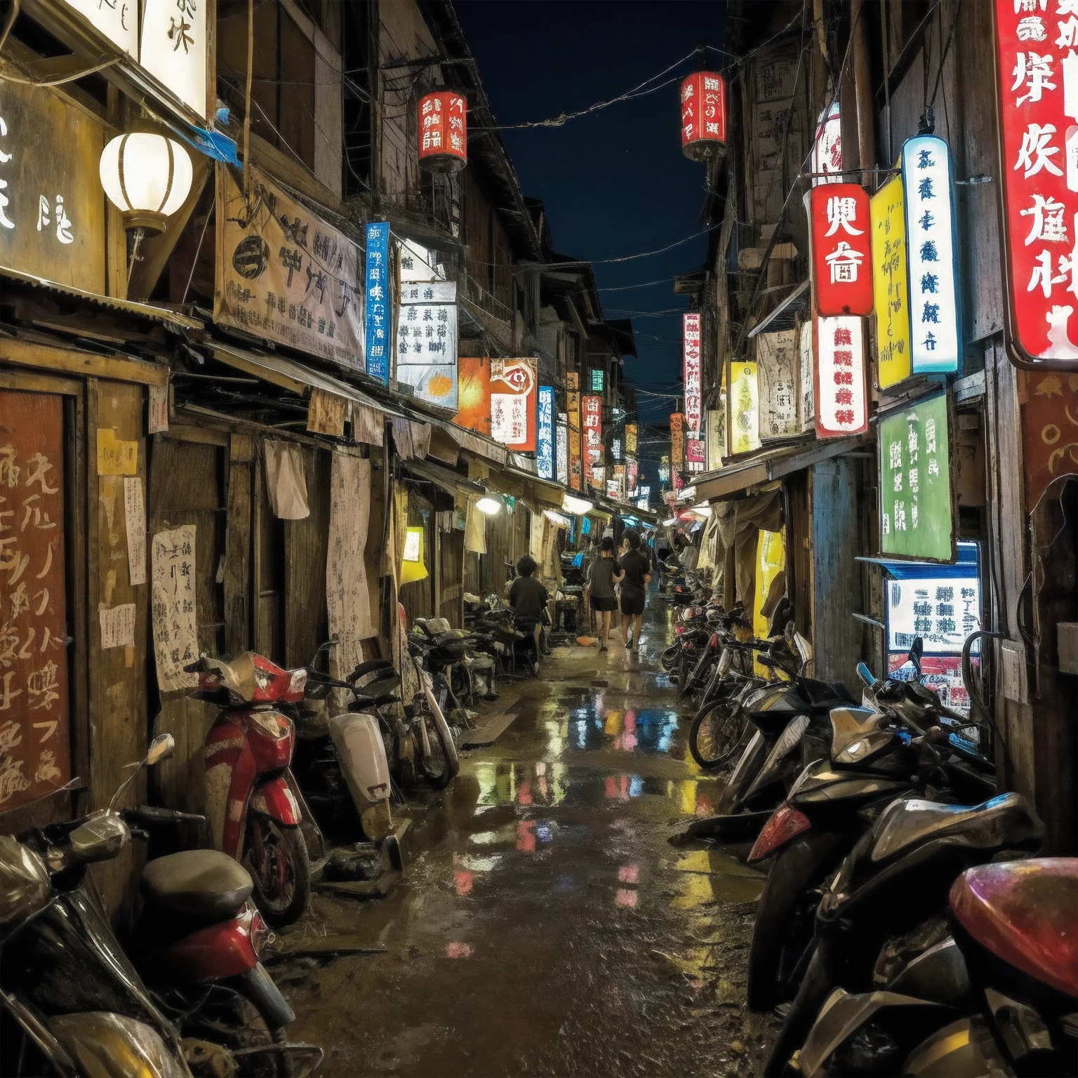 (masterpiece:1.2、Highest quality)、Hot Spring Town、Places to visit in Japan、Night view of tourist spot、Unsanitary and despicable environment、Shady Red Light District、Summer clothes、Summer festival、Tavern on the street、(Detailed and cute face:1.3)、(3More than 100 cute girls)、Rusted metal、Dirty walls、Full of garbage、((Eat well))、perfect anatomy、smile