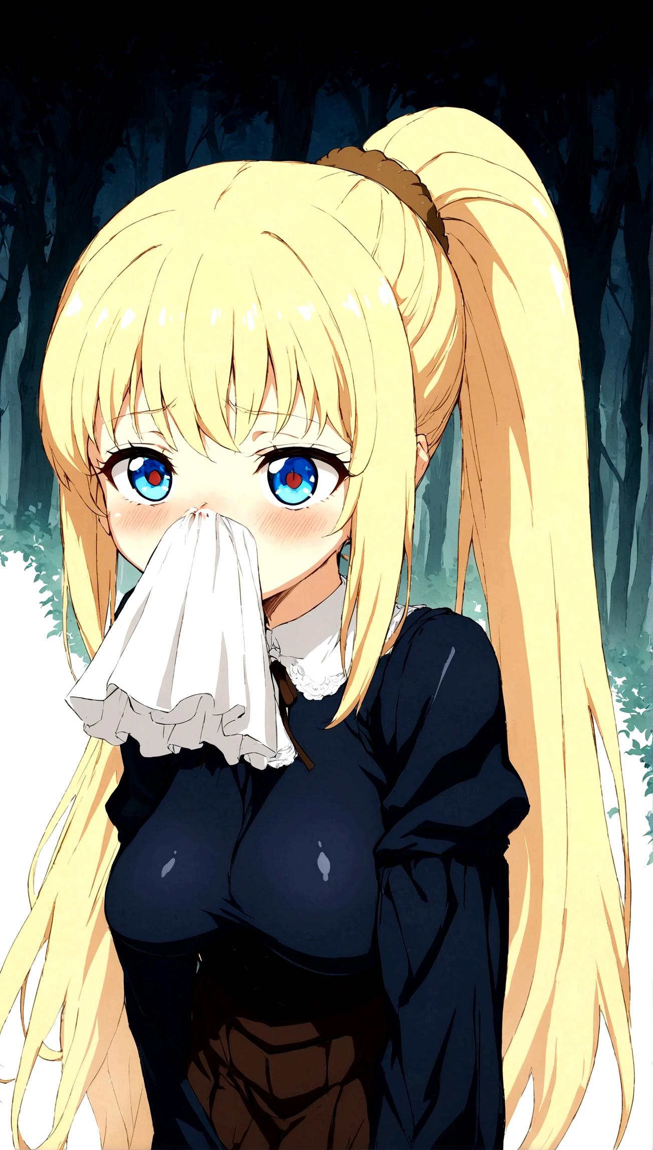 Anime. 1 girl. Cute girl. Half-human. Centaur. Blonde. Long hair. Hair ornament. Her hair is pulled back into a high ponytail. Blue eyes. Beautiful eyes. Perfect eyes. Expressive eyes. Ideal face. Face about to sneeze
Sneezing face. Beautiful nose. Inflamed - red nose. Snotty nose. A long snot hangs from the nose after a sneeze. s. Big breiful breasts. Girl knigtaur knight. She is ill. She has a cold. She has allergies. She has a runny nose. Nasal mucus. She has snot. She wants to sneeze. She needs to sneeze. She has a strong, desperate urge to sneeze. She sneezes. She sneezes. Sprays of snot fly to the sides. Snot flows from her nose. She's on her period. Her crotch is bleeding. In the middle of the forest. Ideal anatomical body. The lower part of the body is equine. Horse slender legs. Hooves instead of feet. White linen blouse. Light plate armor - corset. Skirt. No panties. Standing. Full hBeautiful character design. Shiny skin. Whole body. NFS. Official art. Extremely detailed CG Unity 8k wallpaper. Ideal lighting. Ultra high resolution 4K. Super detailed 8K. A high resolution.