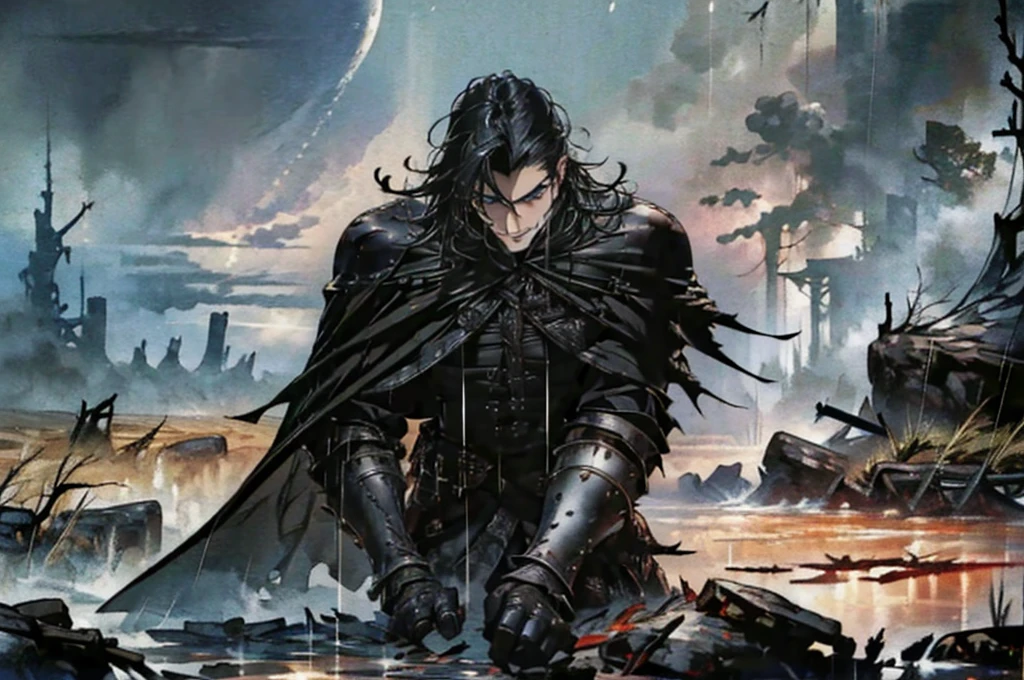 Masterpiece, Highest quality,battlefieldในเมือง, rain, realistic, 1 person, mature man, A quiet and charming young man, 30 years old, smile, gag, Portrait, Highly detailed face, 寒さとsmile, ((blue eyes)), ((black short hair)), [Thick eyebrows], battlefield, ((long coatสีดำ)), long coat, ((all black)), (blue eyes) ,Short Black Quiff Hair with Soft Fringe, handsome , muscle, Facial expressions, Black Knight Armor (Plain black armor) , black fur shawl(Masterpiece,best quality,special, (Broad shoulders)) (muscle), male focus, Hand Held Weapons (Crescent repeater),Lipo,Fang Tian Hua Ji, attack posture. , Details of his repeater, Characteristics and characteristics of monsters, and convey the tension and power of the encounter.."