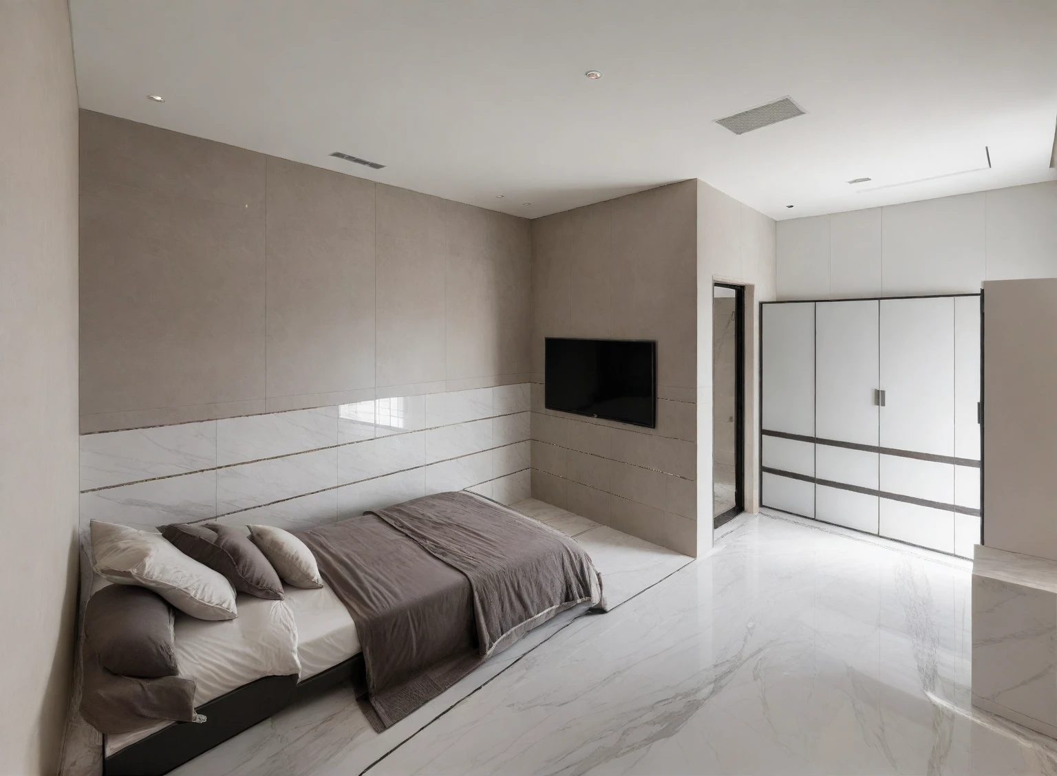 Raw photo,Masterpiece, high quality, best quality, authentic, super detail,
indoors, interior , (( BEDROOM :1.3)), modern style, daylight, (WHITE WALL),luxury, marble tile floor,