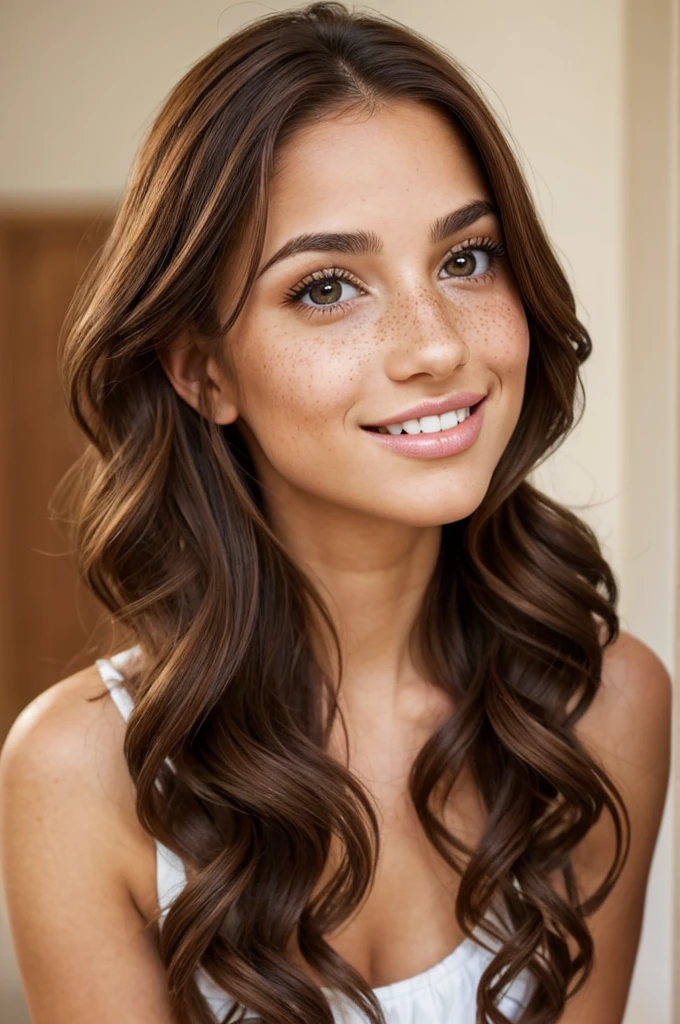 beautiful young woman, average quality Twenty-seven-year-old woman. Short stature and thin body, with curves in the right places. wide, color chocolate, curly. heart shaped face, small, pretty nose full of freckles, big hazel eyes and long, bushy eyelashes. Has separated incisor teeth, but that only increases the attractiveness of his kissable lips. whole body.  Spanish. 