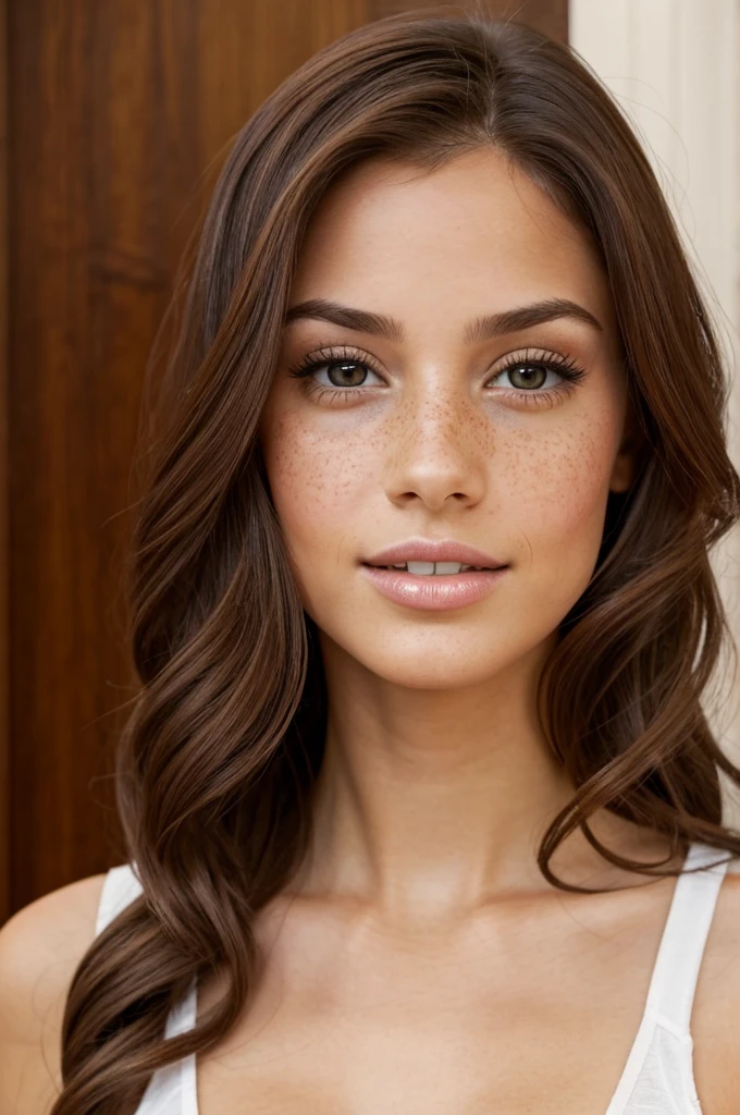 beautiful young woman, average quality Twenty-seven-year-old woman. Short stature and thin body, with curves in the right places. wide, color chocolate, curly. heart shaped face, small, pretty nose full of freckles, big hazel eyes and long, bushy eyelashes. Has separated incisor teeth, but that only increases the attractiveness of his kissable lips. whole body. Spanish.