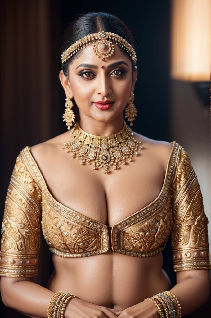 50yo mature MILF Anushka Shetty,((best quality)), ((masterpiece)), ((realistic)), eye kajal, mascara, red lips, sensual Beauty, provoking body, extreme sweat, sweat soaked skin, slight stretch marks, alluring figure, bulging figure, thick charming lady, curvy, thick navel, full figured woman, eye kajal, massive breast, full body, styled hair, pierced eyes, female face,royal aura, trend on artstation , sharp focus, studio photo, intricate detail, very detailed, detailed eye, illustration, very detailed, sharp focus, digital render, professional, 4k