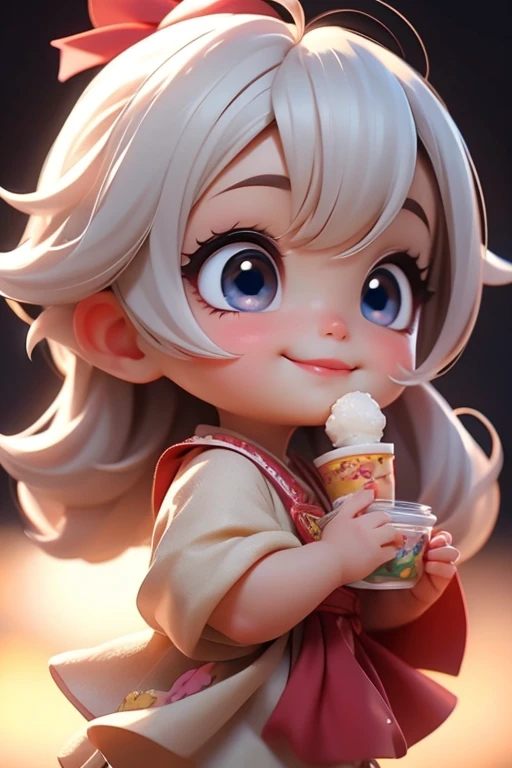 Chibi girl eating rice balls、jewel eyes、Super close-up shot of lips from the side、Smile