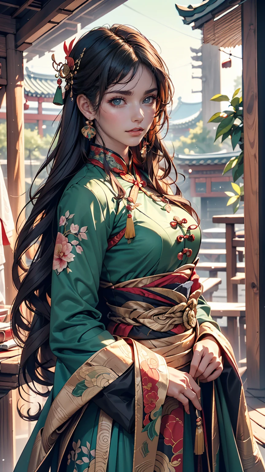 ((whole body)), samdoesarts style award winning whole body portrait of a beautiful woman, ((Perfect feminine face)),((Ancient Chinese Green Clothing)), ((Green Peking Opera Costume)), (Long sleeve) Gazebo, complicatedな, (Beautiful details in the eyes, Long eyebrows),((hairpin, Twisted Hair)),(sorrow), ((tears)), (sunlight), Shaded flat illustration, Digital Art, Trending on Art Station, Very detailed, The finer details, complicated, ArtJam、Rutkovsky、Art by Alphonse Mucha,