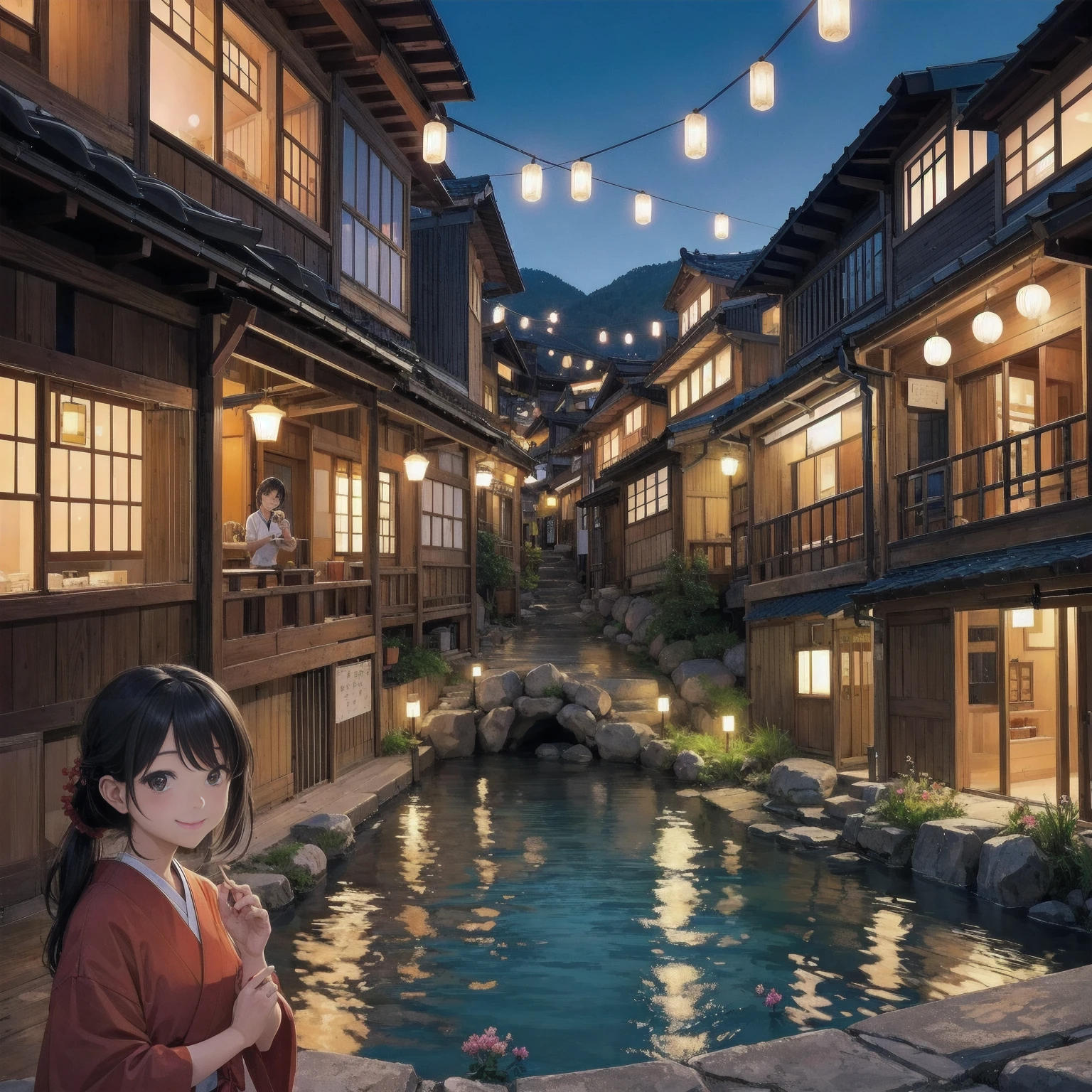 (masterpiece:1.2、Highest quality)、Hot Spring Town、Places to visit in Japan、Night view of tourist spot、Unsanitary and despicable environment、Shady Red Light District、Summer clothes、Summer festival、Tavern on the street、(Detailed and cute face:1.3)、(3More than 100 cute girls)、Rusted metal、Dirty walls、Full of garbage、((Eat well))、perfect anatomy、smile