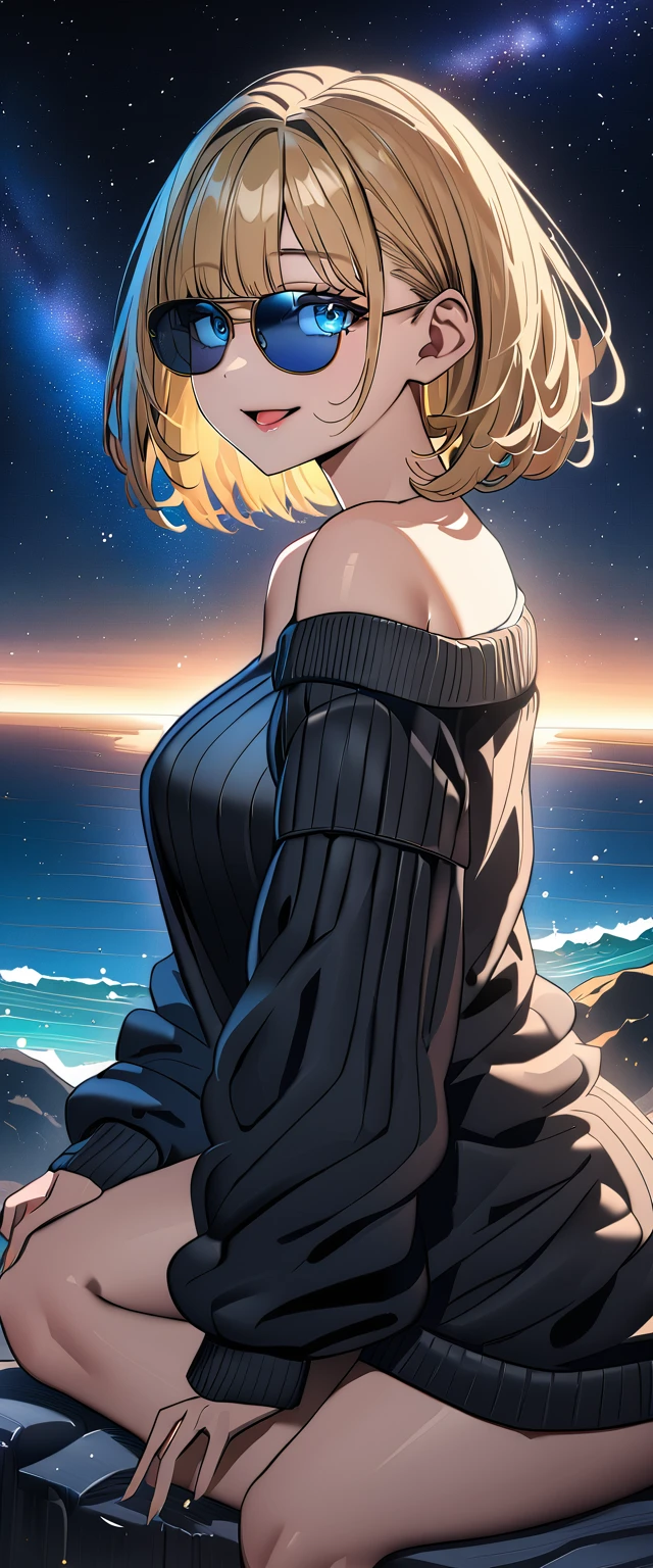 ((ahegao)), ((off-shoulder sweater:1.3, Quite thick shoulder straps)), ((black sweater)), ((blond hair, bob cut:1.3)), ((sunglasses, hand to sunglasses)), (((from side))), ((((upper body)))), bare legs, ((Leaning to side)), (((a beautiful starry sky, the Milky Way shining beautifully in the night))), ((sitting on the very high cliff)), wavy hair, inward curled hair, ((sea, nature)), breasts, teenager, (looking at viewer), oversized clothes, puffy long sleeves, collarbone, head tilt:1.3, (((blue eyes))), happy smile, (((anime style))), (best quality, 4K, 8K, highres, masterpiece:1.2, ultra-detailed, ultra-detailed eyes, HDR, uhd, studio lighting, ultra-fine painting, sharp focus, physically-based rendering, extreme detail description, professional, vivid colors, bokeh)
