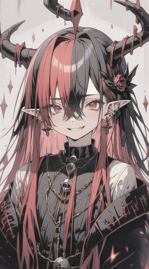 Red and black clothes, Gray Hair, Long Hair, Food, Devil horns, Pointed Ears, Skull on shoulder, Red eyes, bangs, Hair between the eyes, Red particles, Multicolored Hair,
masterpiece, Highest quality, Upper Body, Portraiture,