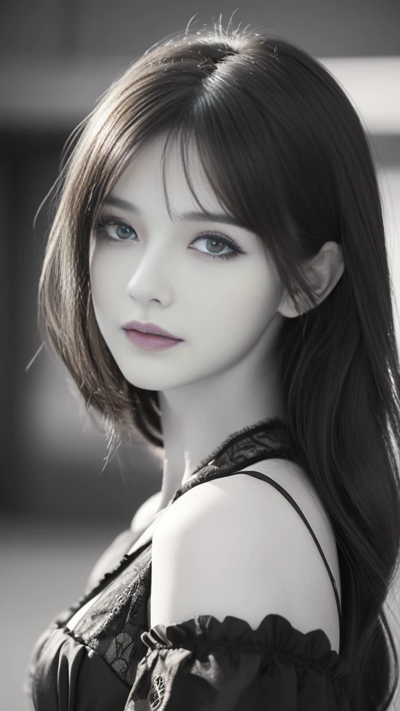 1 girl, beautiful detailed eyes, beautiful detailed lips, extremely detailed eyes and face, long eyelashes, thin body, thin legs, black layered cut short wavy hair, thick and fluffy bangs, very detailed face, faint smile, thin nose, small thin mouth, extremely sharply focused eyes, japanese, beautiful face, realistic eyes, beautiful and beautiful eyes, realistic skin, beautiful skin, charm, a vivid face, visual kei gothic ta outfit, corset, elaborate accessories, ornately decorated, dark, flowing hair cascades down shoulders, dark eyeliner, avant-garde look, theatrical decadence, challenging traditional fashion norms, captivating androgynous look, (best quality, 4k, 8k, highres, masterpiece:1.2, ultra-detailed, realistic, photorealistic, photo-realistic:1.37), (dramatic lighting:1.2), (high contrast:1.2), (vivid colors:1.2), (intricate details:1.2)