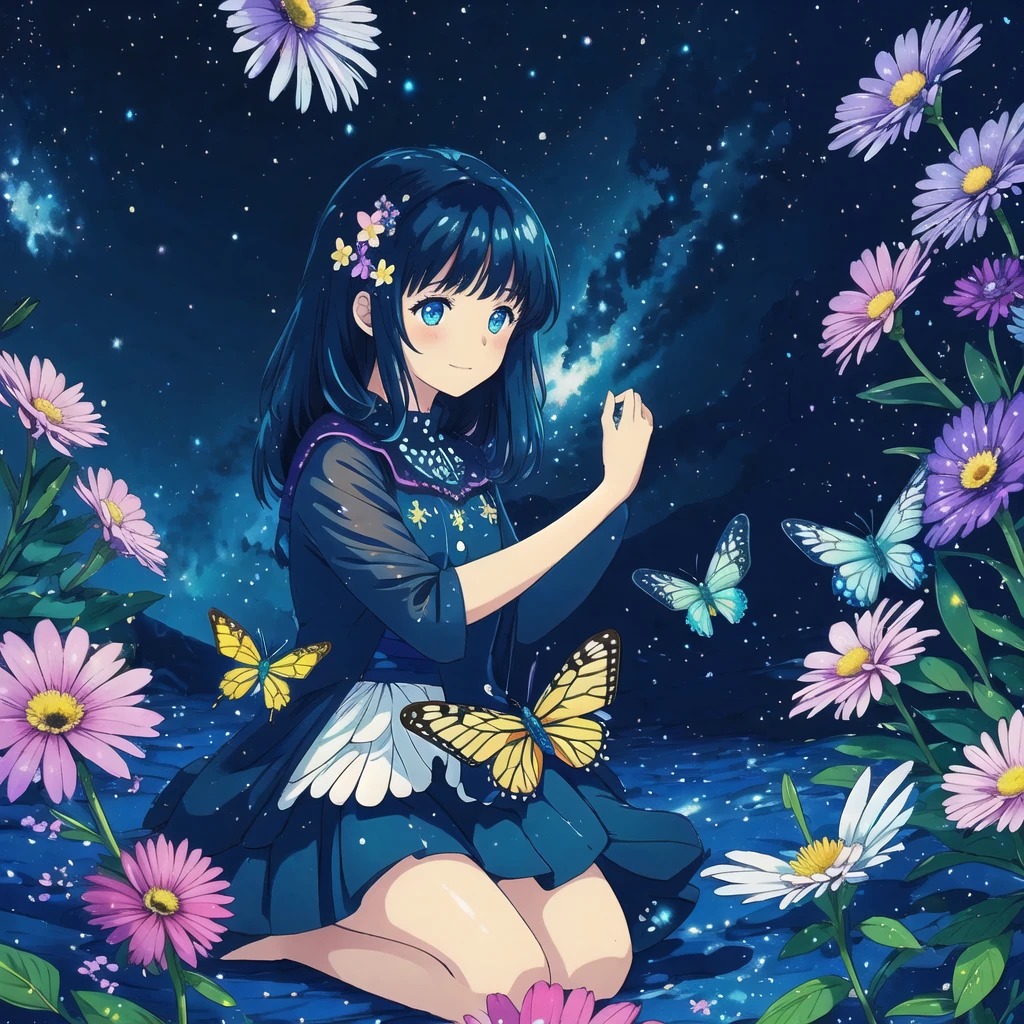 Starry sky, Milky Way, flower garden, light, butterfly, Girl sitting, See, shade, Girl, colorful, Iridescent, Aquarell, cheerful, uhd