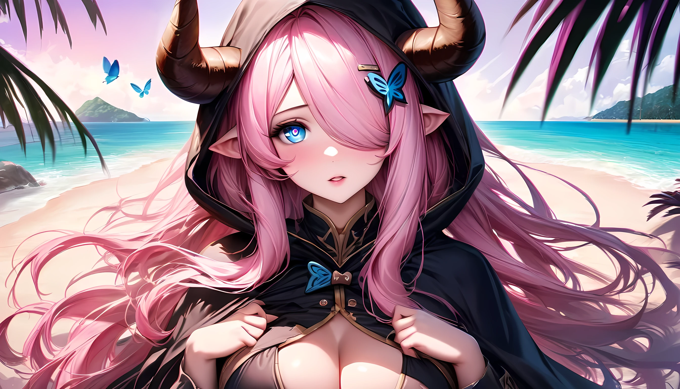 Vibrant, high-definition anime-style illustration set on a tropical beach. The layout features a central female character, Narmaya, with long pink hair, partially covered by a hooded cloak adorned with brown horns. She has fair skin, large expressive blue eyes and pink pupils, and a small blue butterfly hair clip. One eye is covered by her hair. The character is wearing a revealing black bikini with gold accents, and her hands are holding the edges of her cloak. The background showcases a pristine beach with white sand, lush green foliage, and tall palm trees. The clear blue sky and turquoise ocean complete the idyllic setting, with distant islands visible on the horizon. Narmaya and her attire are meticulously detailed. The intense effort put into shading brings this image to a semi-realistic style. (masterpiece), best quality, expressive eyes, perfect face, suggestive pose, purple and pink background, seductive, fantasy, 8k, absurdres, narmaya, pink hair, blue eye with pink pupil, hair over eye, draph, horns, butterfly hair clip, black bikini, hood, defined hands, perfect hands, perfect fingers, semi-realistic, realistic shading, realistic lighting, modern anime,