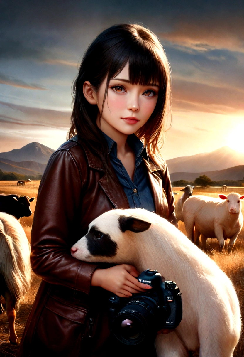 hyper realistic image, extremely detailed, professional photography, ultra realism,image of two children, landscape as a backdrop, sun rising, five year old boy and girl playing with livestock, Filmed cinematic in Canon 5D ultra realistic skin,, (environment highly detailed:1.3), sharp focus, volumetric mist, 8k UHD, DSLR, high quality, grain of film, extremely high quality RAW photograph, detailed background, intricate, Phase One 36mm, 16 mil. ULTRA MEGA REALISTIC, real.