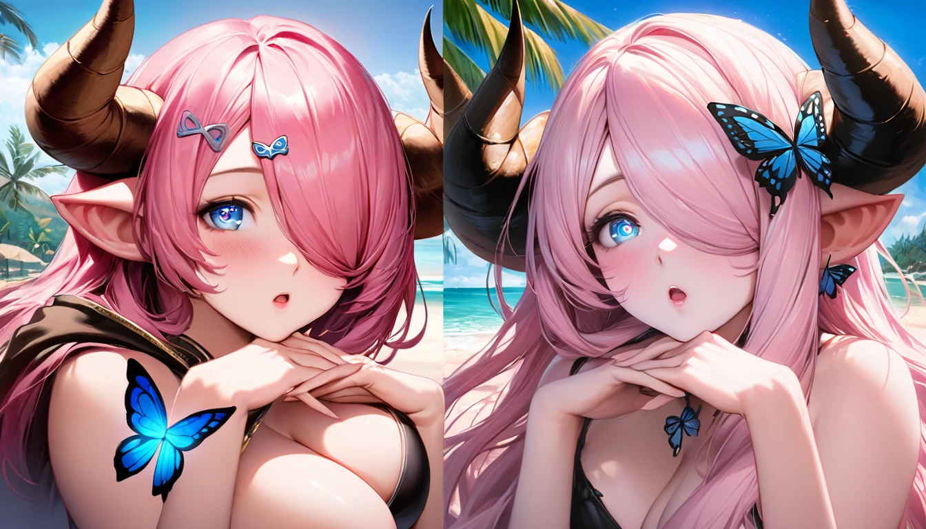 Vibrant, high-definition anime-style illustration set on a tropical beach. The layout features a central female character, Narmaya, with long pink hair, partially covered by a hooded cloak adorned with brown horns. She has fair skin, large expressive blue eyes and pink pupils, and a small blue butterfly hair clip. One eye is covered by her hair. The character is wearing a revealing black bikini with gold accents, and her hands are holding the edges of her cloak. The background showcases a pristine beach with white sand, lush green foliage, and tall palm trees. The clear blue sky and turquoise ocean complete the idyllic setting, with distant islands visible on the horizon. Narmaya and her attire are meticulously detailed. The intense effort put into shading brings this image to a semi-realistic style. (masterpiece), best quality, expressive eyes, perfect face, suggestive pose, purple and pink background, seductive, fantasy, 8k, absurdres, narmaya, pink hair, blue eye with pink pupil, hair over eye, draph, horns, butterfly hair clip, black bikini, hood, defined hands, perfect hands, perfect fingers, semi-realistic, realistic shading, realistic lighting, modern anime,