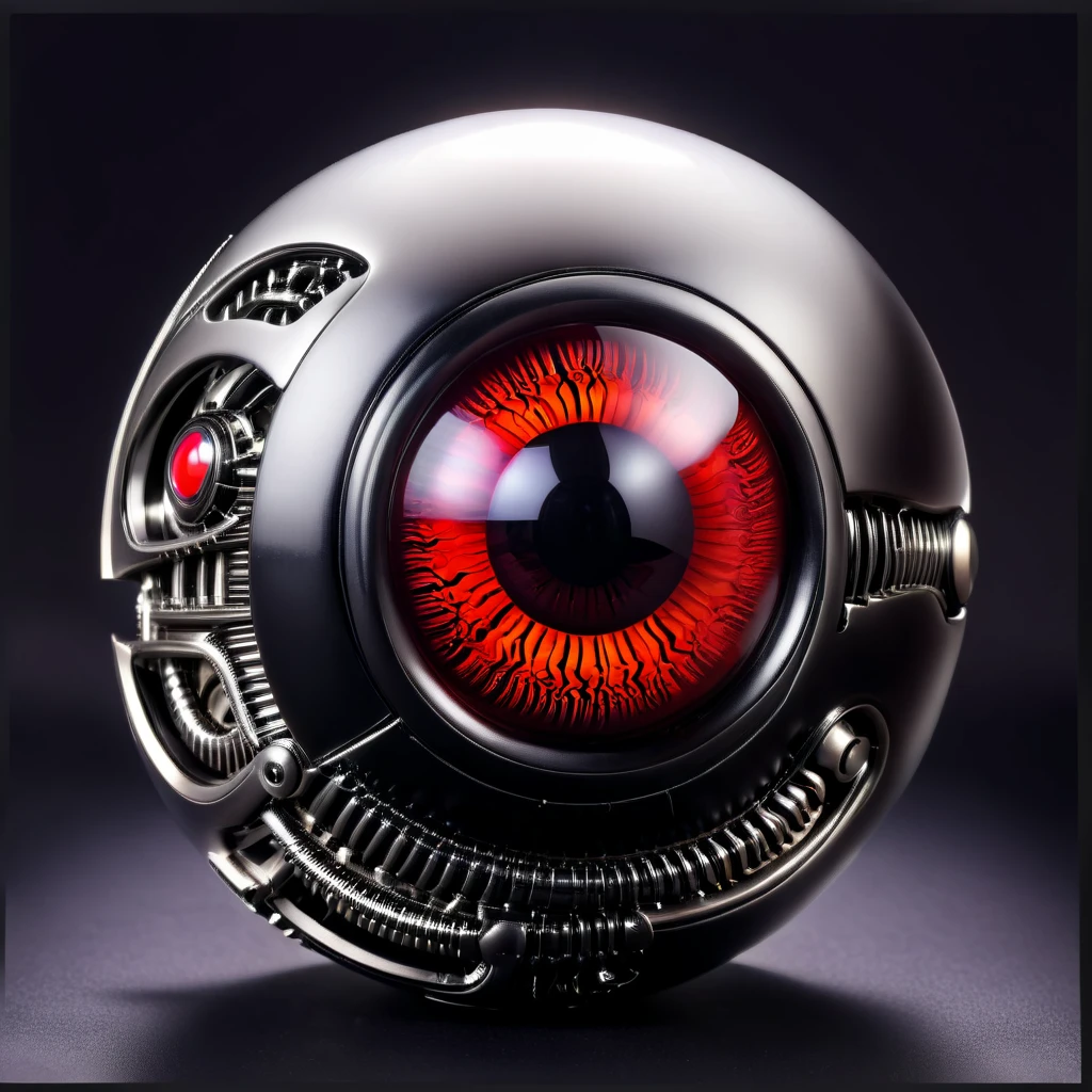 a pure black and opal mechanical orb, giger style, blackcarvingcd_xl , blood red eye aura,