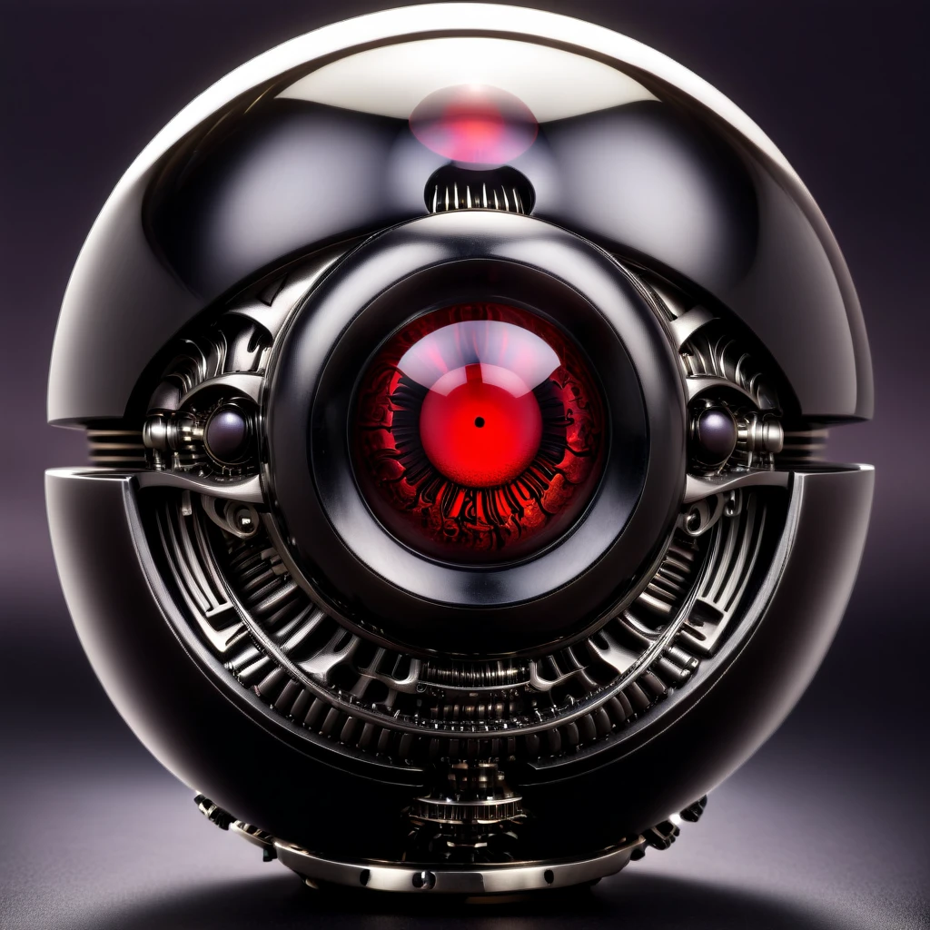 a pure black and opal mechanical orb, giger style, blackcarvingcd_xl , blood red eye aura,