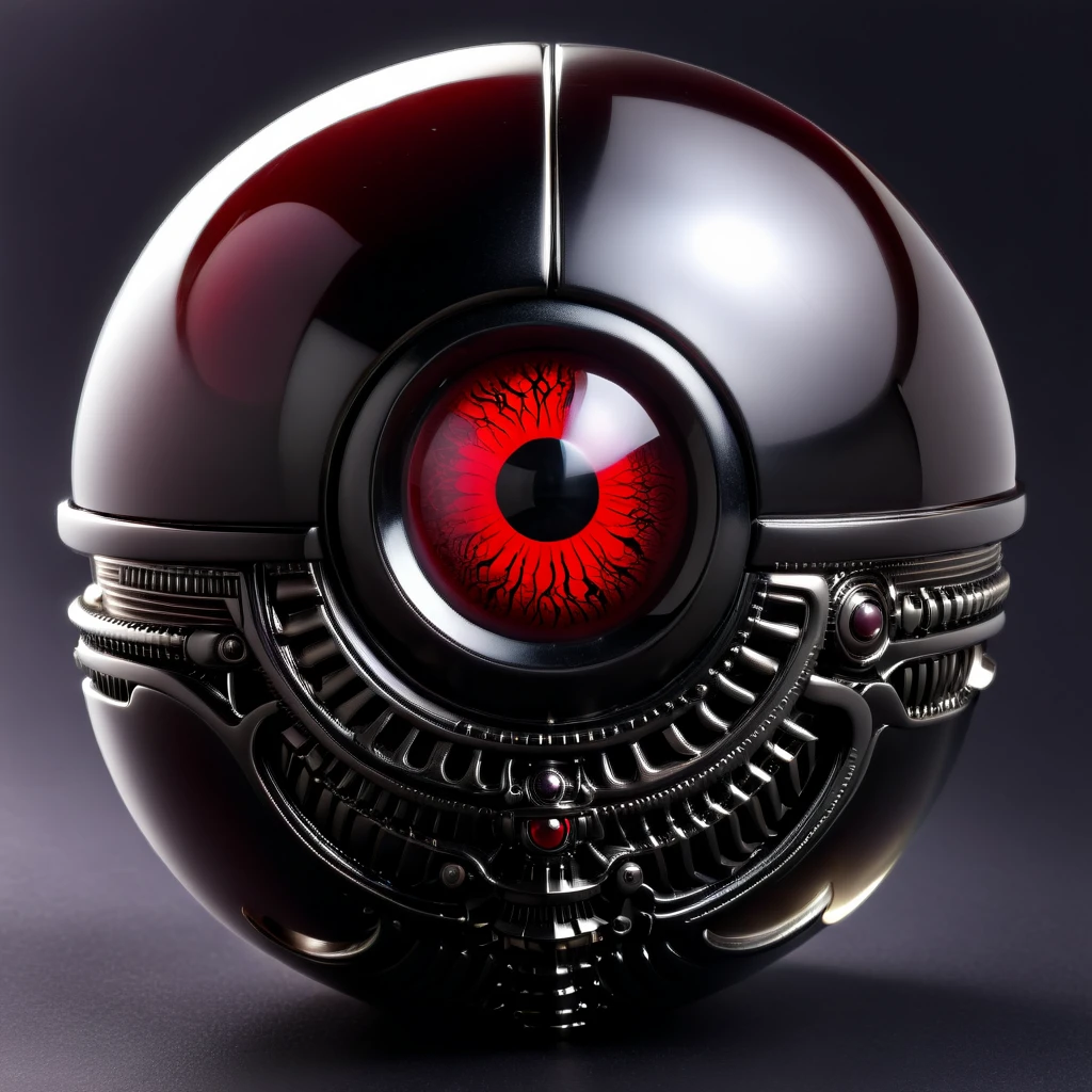 a pure black and opal mechanical orb, giger style, blackcarvingcd_xl , blood red eye aura,