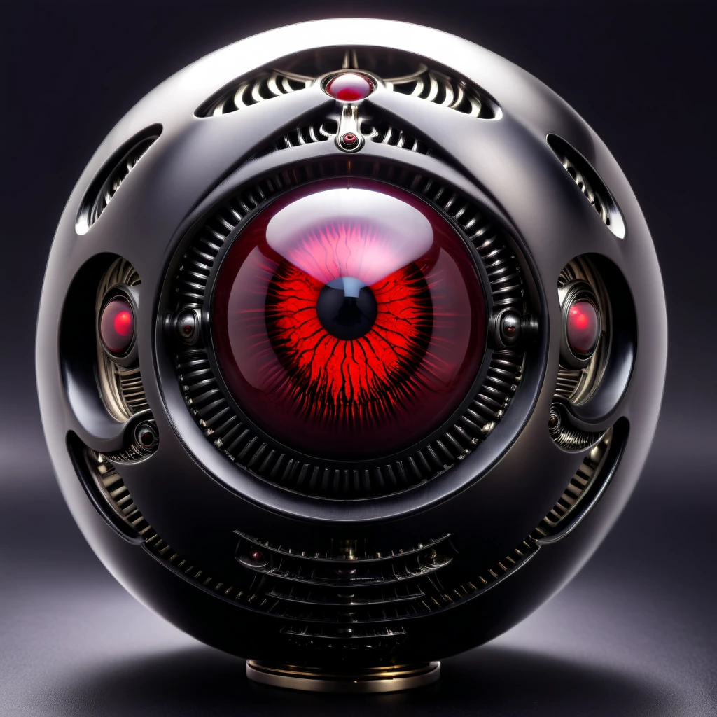 a pure black and opal mechanical orb, giger style, blackcarvingcd_xl , blood red eye aura,