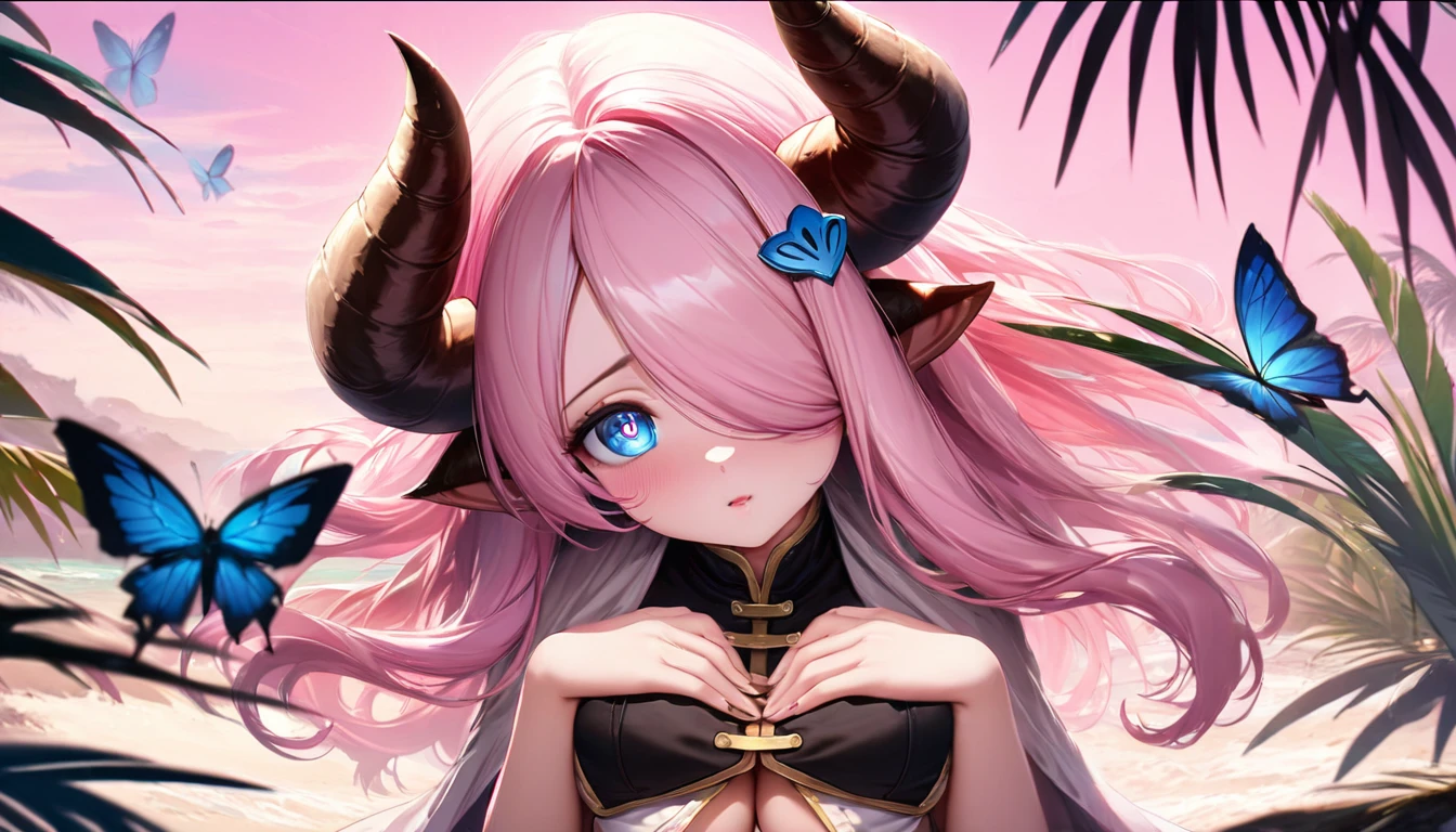 Vibrant, high-definition anime-style illustration set on a tropical beach. The layout features a central female character, Narmaya, with long pink hair, partially covered by a hooded cloak adorned with brown horns. She has fair skin, large expressive blue eyes and pink pupils, and a small blue butterfly hair clip. One eye is covered by her hair. The character is wearing a revealing black bikini with gold accents, and her hands are holding the edges of her cloak. The background showcases a pristine beach with white sand, lush green foliage, and tall palm trees. The clear blue sky and turquoise ocean complete the idyllic setting, with distant islands visible on the horizon. Narmaya and her attire are meticulously detailed. The intense effort put into shading brings this image to a semi-realistic style. (masterpiece), best quality, expressive eyes, perfect face, suggestive pose, purple and pink background, seductive, fantasy, 8k, absurdres, narmaya, pink hair, blue eye with pink pupil, hair over eye, draph, horns, butterfly hair clip, black bikini, hood, defined hands, perfect hands, perfect fingers, semi-realistic, realistic shading, realistic lighting, modern anime,