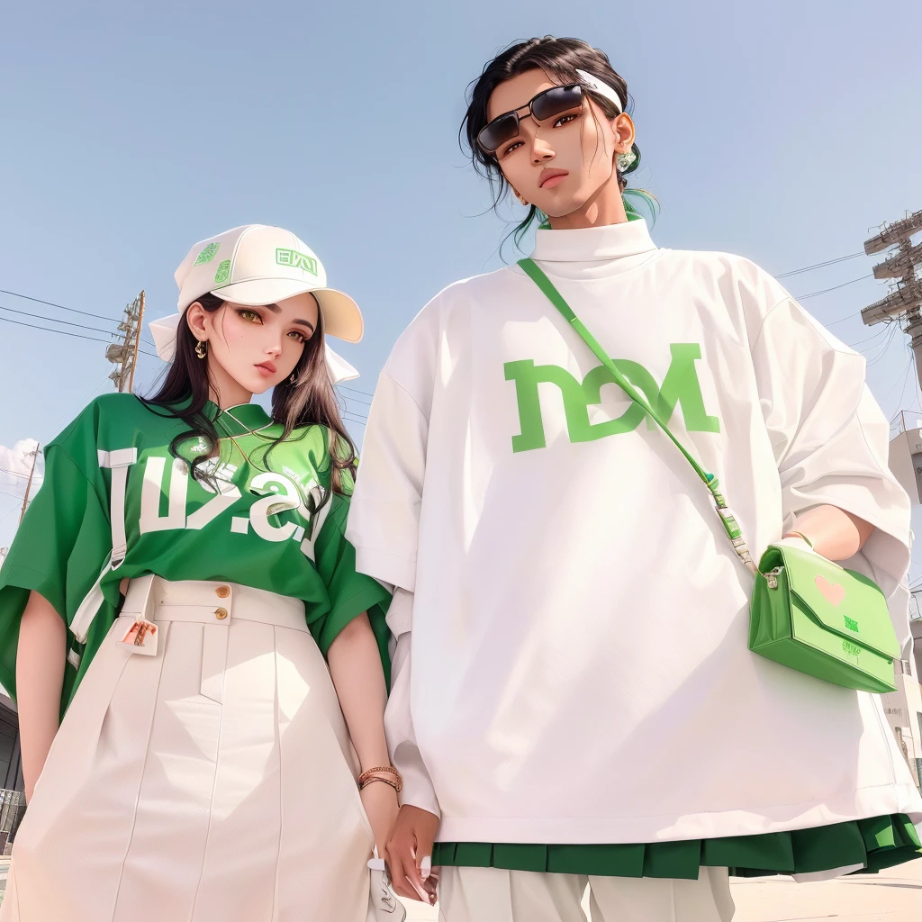 Arav man and woman wearing matching green and white clothing, 2020 fashion, Popular on r/Streetwear, peach and goma style, Teddy Fresh, peach, off white style, off white collection, japanese Streetwear, teacher, Streetwear fashion, Sea green and white clothes, Official, off white, off white, Helen Preston