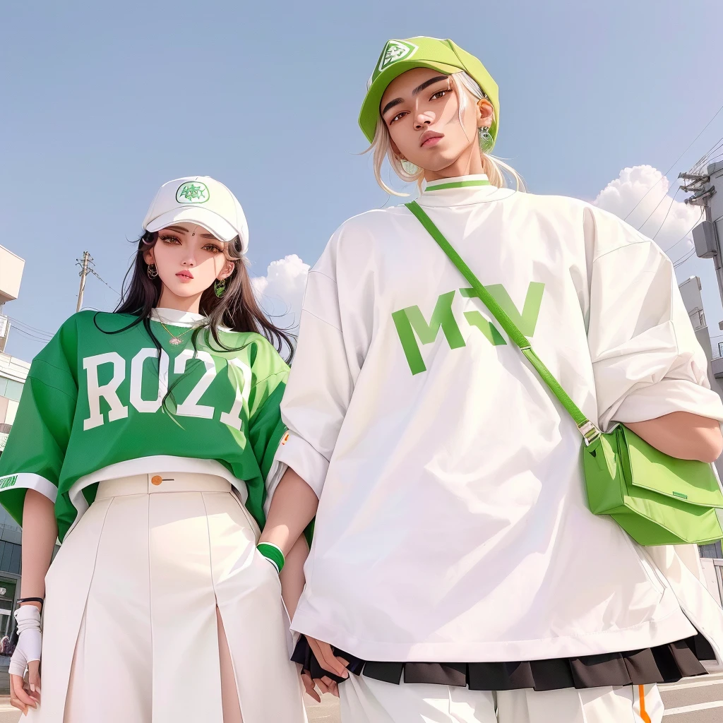 Arav man and woman wearing matching green and white clothing, 2020 fashion, Popular on r/Streetwear, peach and goma style, Teddy Fresh, peach, off white style, off white collection, japanese Streetwear, teacher, Streetwear fashion, Sea green and white clothes, Official, off white, off white, Helen Preston