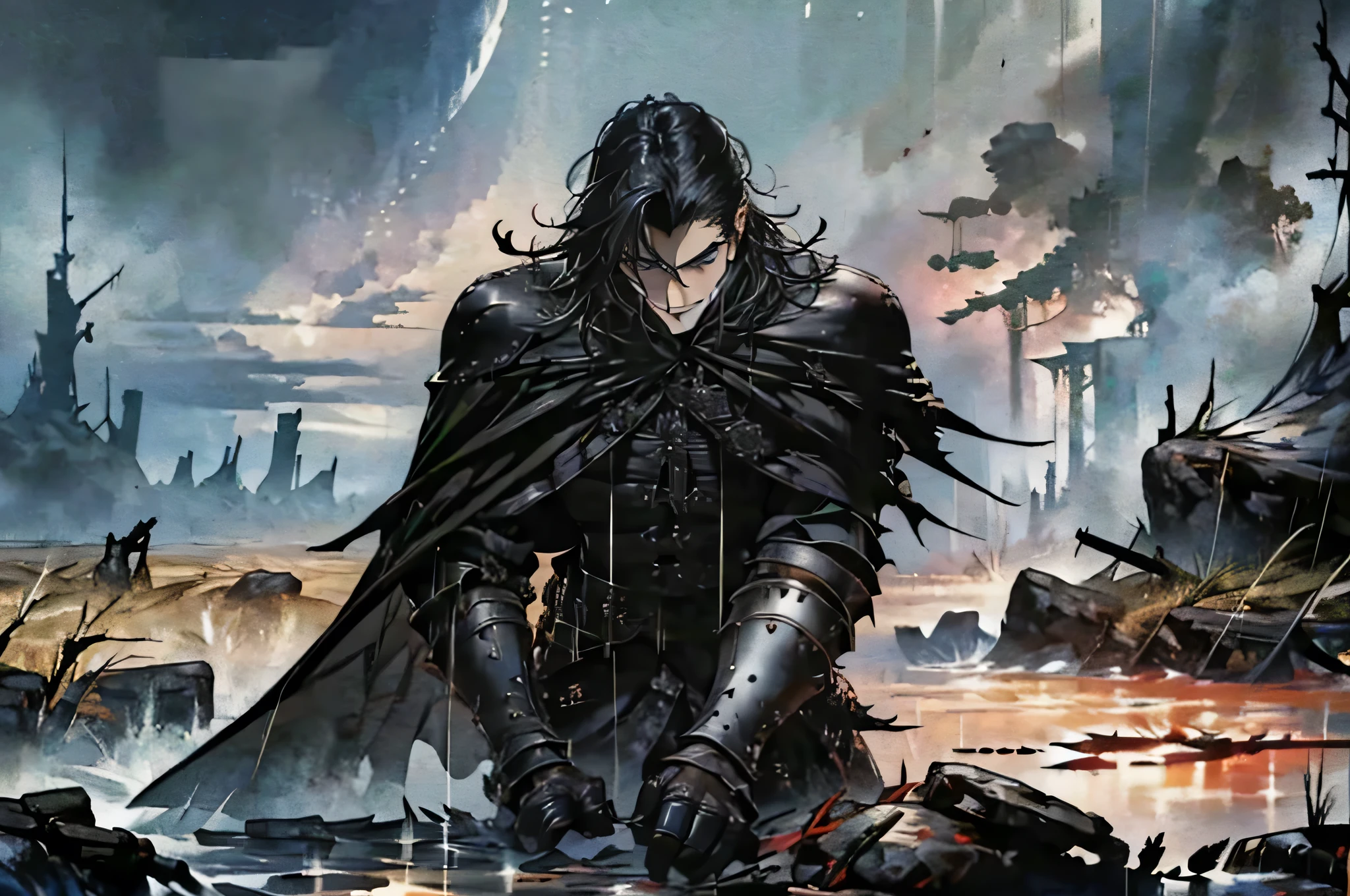 Masterpiece, Highest quality,battlefieldในเมือง, rain, realistic, 1 person, mature man, A quiet and charming young man, 30 years old, smile, gag, Portrait, Highly detailed face, 寒さとsmile, ((blue eyes)), ((black short hair)), [Thick eyebrows], battlefield, ((long coatสีดำ)), long coat, ((all black)), (blue eyes) ,Short Black Quiff Hair with Soft Fringe, handsome , muscle, Facial expressions, Black Knight Armor (Plain black armor) , black fur shawl(Masterpiece,best quality,special, (Broad shoulders)) (muscle), male focus, Hand Held Weapons (Crescent repeater),Lipo,Fang Tian Hua Ji, attack posture. , Details of his repeater, Characteristics and characteristics of monsters, and convey the tension and power of the encounter.."
