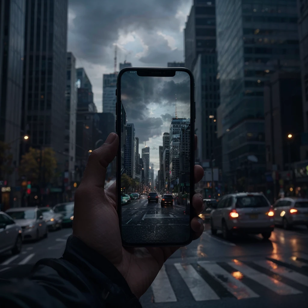 A hand holding an iPhone with the screen facing towards the camera. Background setting is a dark city sky scrapers and busy traffic, dark cloud, god ray beam shine through dark cloud. pov looking at the same city location through the phone, but the city in the phone looks different, phone captiring the city in heavenly bright look, tidy, white and green. Realistic photography in the style of cinematic, high details, high resolution.