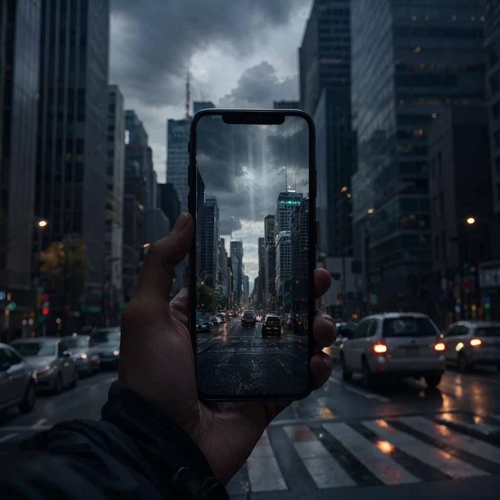 A hand holding an iPhone with the screen facing towards the camera. Background setting is a dark city sky scrapers and busy traffic, dark cloud, god ray beam shine through dark cloud. pov looking at the same city location through the phone, but the city in the phone looks different, phone captiring the city in heavenly bright look, tidy, white and green. Realistic photography in the style of cinematic, high details, high resolution.