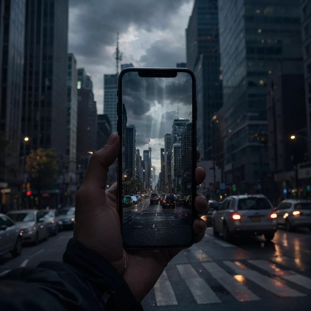 A hand holding an iPhone with the screen facing towards the camera. Background setting is a dark city sky scrapers and busy traffic, dark cloud, god ray beam shine through dark cloud. pov looking at the same city location through the phone, but the city in the phone looks different, phone captiring the city in heavenly bright look, tidy, white and green. Realistic photography in the style of cinematic, high details, high resolution.