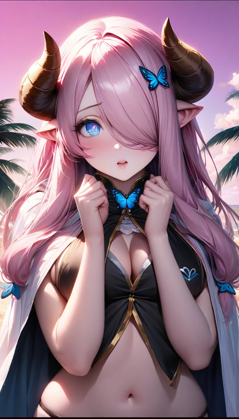 Vibrant, high-definition anime-style illustration set on a tropical beach. The layout features a central female character, Narmaya, with long pink hair, partially covered by a hooded cloak adorned with brown horns. She has fair skin, large expressive blue eyes and pink pupils, and a small blue butterfly hair clip. One eye is covered by her hair. The character is wearing a revealing black bikini with gold accents, and her hands are holding the edges of her cloak. The background showcases a pristine beach with white sand, lush green foliage, and tall palm trees. The clear blue sky and turquoise ocean complete the idyllic setting, with distant islands visible on the horizon. Narmaya and her attire are meticulously detailed. The intense effort put into shading brings this image to a semi-realistic style. (masterpiece), best quality, expressive eyes, perfect face, suggestive pose, purple and pink background, seductive, fantasy, 8k, absurdres, narmaya, pink hair, blue eye with pink pupil, hair over eye, draph, horns, butterfly hair clip, black bikini, hood, defined hands, perfect hands, perfect fingers, semi-realistic, realistic shading, realistic lighting, modern anime,