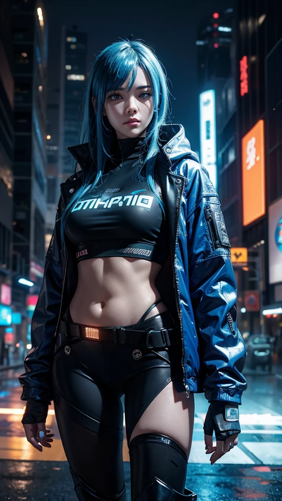 In a cyberpunk setting, a detailed girl,HD 4K wallpaper featuring a rain of money and cryptocurrencies in electric blue."