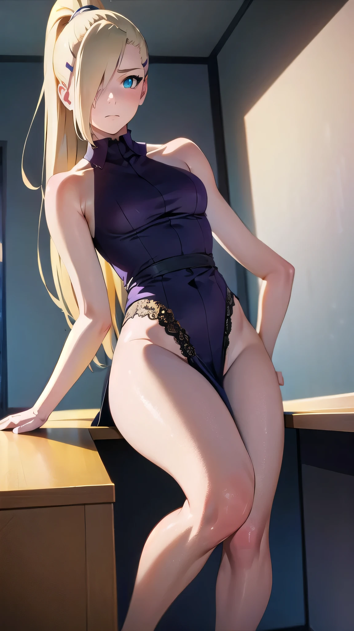 1girl, blonde hair, hair ornament, bare shoulders, closed mouth, green eyes, ponytail, hairclip, hair over one eye, BREAK BREAK indoors, classroom,school, BREAK looking at viewer, BREAK (masterpiece:1.2), best quality, high resolution, unity 8k wallpaper, (illustration:0.8), (beautiful detailed eyes:1.6), extremely detailed face, perfect lighting, extremely detailed CG, (perfect hands, perfect anatomy),room,night,skinny fit,small ass,full body,stockings,cleavege,neckline,black choker, purple dress, sleeveless, gloves.