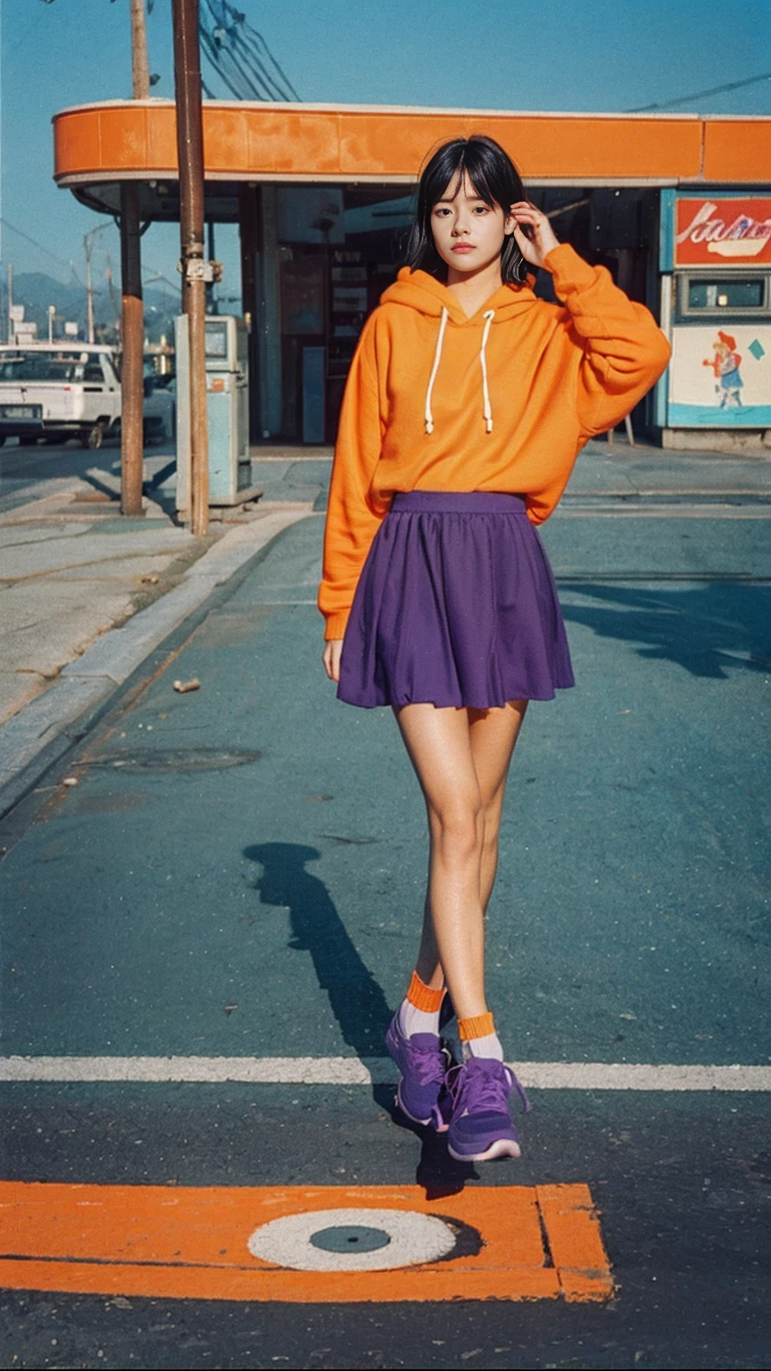 analog film photo cinematic photograph long shot portraits by Wes Anderson, cute 23 yo girl ,fokus, bokeh ,wear ((orange color oversized_hoodie)), wear ((purple tennis skirt)),looking front,Best Quality,Masterpiece,Ultra High Resolution,(Realisticity:1.4),Original Photo, 1Girl, light leak,ultra high resolution,UHD,beautiful, (black bob hair), almond eye, no makeup, in front of (80's gas station), (realistic:1.2), (surreal:1.3), (very detailed:1.1), ((masterpiece)),summer, blue sky, palm trees,sunny, los angles vibes,film camera, 800mm lens,style of Philip Lorca diCorcia