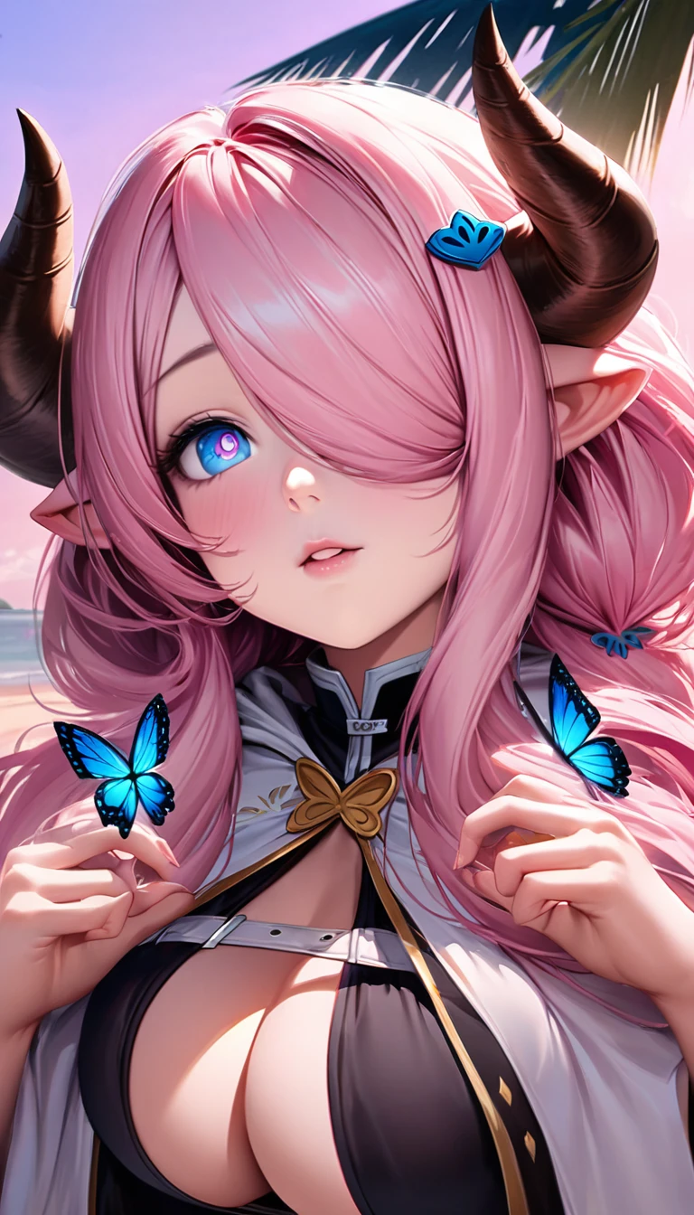 Vibrant, high-definition anime-style illustration set on a tropical beach. The layout features a central female character, Narmaya, with long pink hair, partially covered by a hooded cloak adorned with brown horns. She has fair skin, large expressive blue eyes and pink pupils, and a small blue butterfly hair clip. One eye is covered by her hair. The character is wearing a revealing black bikini with gold accents, and her hands are holding the edges of her cloak. The background showcases a pristine beach with white sand, lush green foliage, and tall palm trees. The clear blue sky and turquoise ocean complete the idyllic setting, with distant islands visible on the horizon. Narmaya and her attire are meticulously detailed. The intense effort put into shading brings this image to a semi-realistic style. (masterpiece), best quality, expressive eyes, perfect face, suggestive pose, purple and pink background, seductive, fantasy, 8k, absurdres, narmaya, pink hair, blue eye with pink pupil, hair over eye, draph, horns, butterfly hair clip, black bikini, hood, defined hands, perfect hands, perfect fingers, semi-realistic, realistic shading, realistic lighting, modern anime,