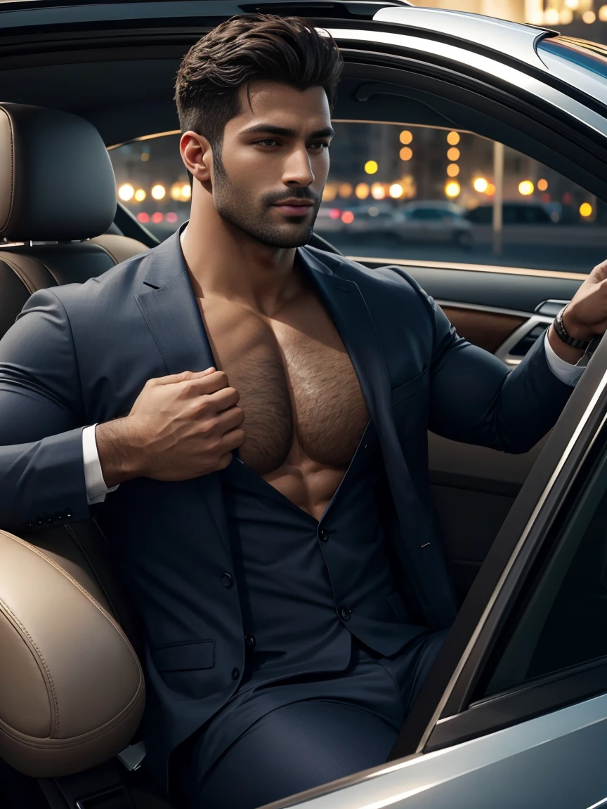 8K,8K resolution,2 Muscular Europeans, handsome man,charming eyes,dark skin,beautiful, smooth and shiny,Full muscles,Thick body hair, (wearing a stylish suit),big bag highlights,Excellent j8,emphasize,Driving a luxury convertible,The car is full of roses,Two men smiling happily,professional lighting,Professional photography,Realistic photos,realistic model,realistic art,Perfect hand details