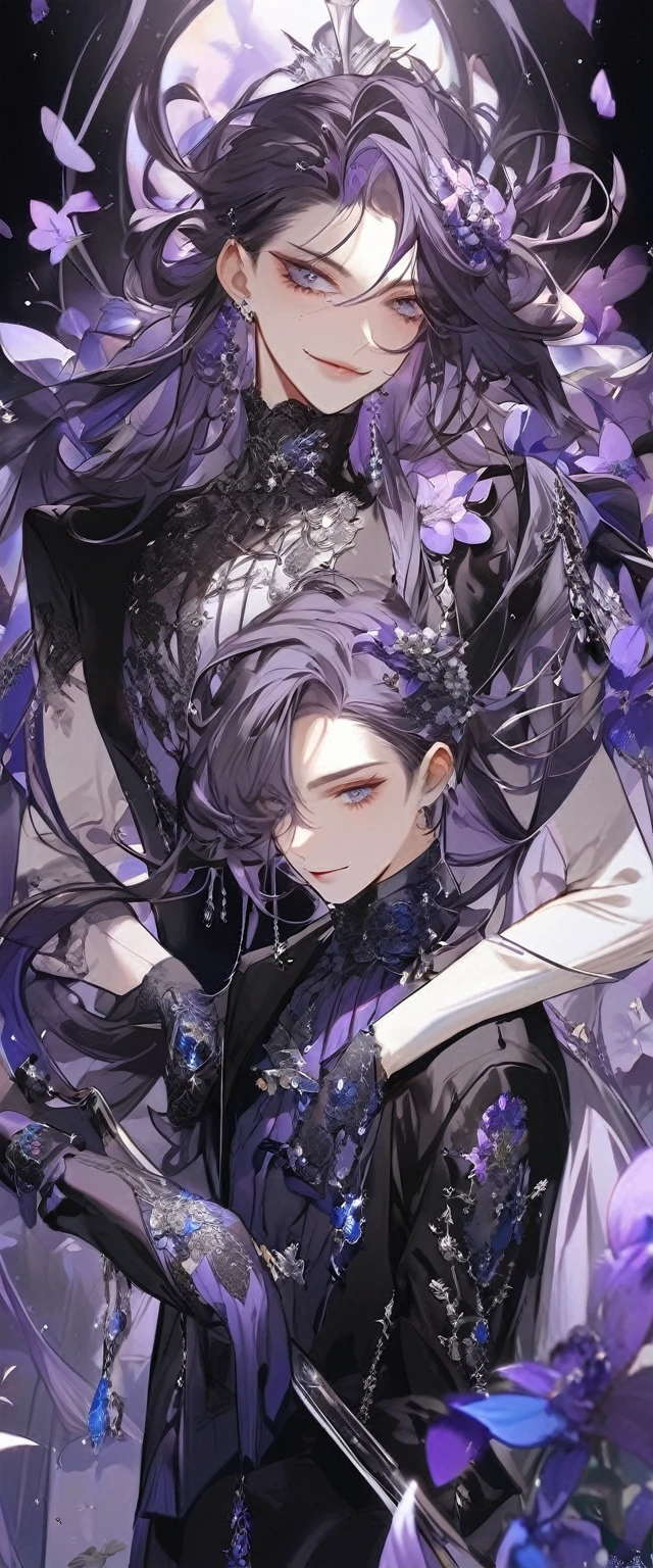 Feminine boy, soft womanish facial features, smile, squinted siren dark blue eyes, silver and dark purple long hair with straight bang, fantasy black clothes with blue and purple elements, long black gloves, model, gorgeous, elegant, lots of silver jewelry, flowers in his hair, skinny body, hourglass figure, light lipstick, pants