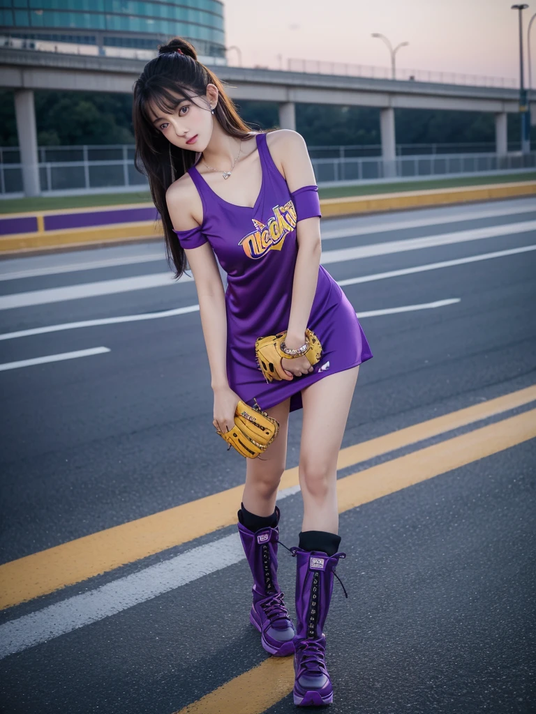 Beautiful woman wearing a purple yellow While standing wearing baseball style clothes mini dress with decorations on the shirt and visible shoulders and wearing boots and being photographed with a background And was in the middle of the highway in the middle of the night ,Korean style swag, beautiful face so gorgeous, Beautiful eyes, y2k style,