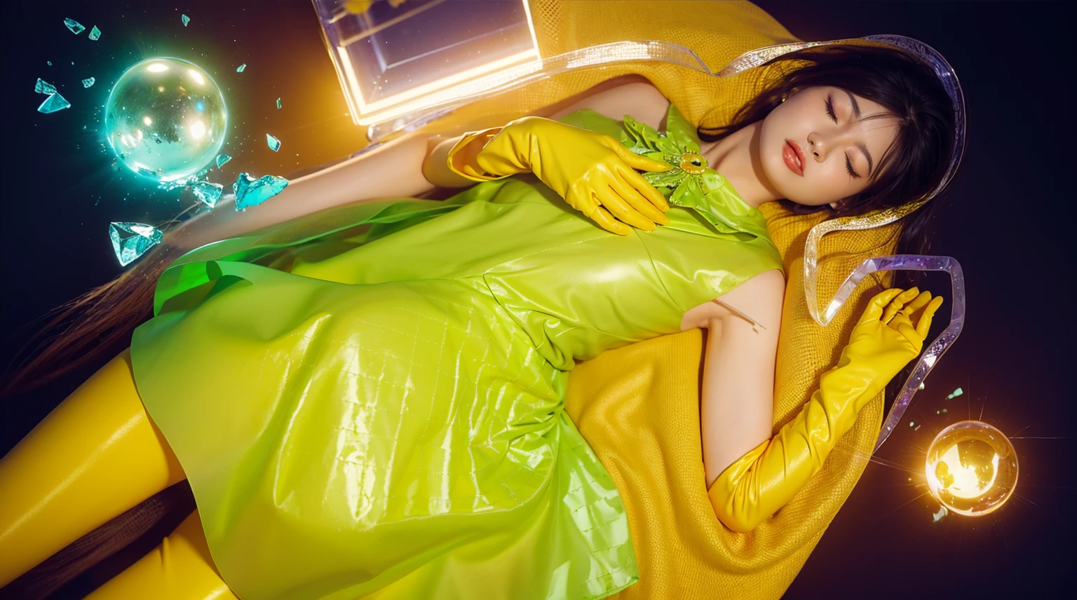 This image presents a visually captivating scene, featuring a woman lying amidst a fantastical setting. The woman, with striking blue hair and closed eyes, appears serene as she rests on a surface that transitions from deep purple to a golden hue. She wears a vibrant green dress that echoes the geometric patterns of her surroundings, complemented by bold yellow gloves that extend to her elbows. In the foreground, two magical orbs—one shattered in pieces emitting a bright blue light and the other intact, glowing with a warm orange hue—are placed near her, suggesting a narrative of mystical or supernatural elements. The broken orb, in particular, adds a dynamic contrast, with its sharp shards scattered around, reflecting light and enhancing the ethereal quality of the scene. The combination of rich The overall composition suggests a moment of dramatic transformation or destruction of a powerful, enchanted object. glossy texture, smooth broken glass magic ball of turquoise color with fragments lying nearby frame above from above on a white background 3d model, multiple light sources, rim light, sharp post broken glass magic ball of turquoise color with fragments lying nearby frame above from above on a white background effects render, (glossy plastic texture with multiple big light probe refractions), perfect cgi, smooth silhouette, high intensity refraction, (super glossy plastic material), most beautiful vfx, , realistic, 4k, high resolution, rim light, smooth 3d model, multiple light sources, rim light, sharp post effects render,, realistic, 4k, high resolution, rim light detailed digital art, reflective, best quality, 4k, masterpiece:1.2, ultra-detailed, realistic, vivid colors, The image of the highest quality, ensuring every detail showcased perfectly. It in 4k resolution, allowing viewers to immerse themselves in the richness of the colors and intricate details. The realistic rendering. under the spotlight, reflecting, high-resolution image, realistic rendering