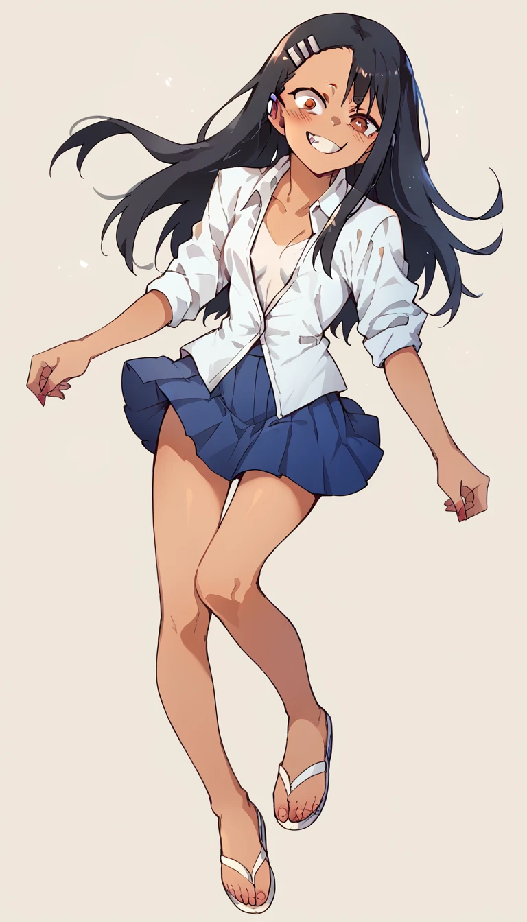 Hayase Nagatoro, White unbuttoned shirt, blue pleated skirt, white sandals 