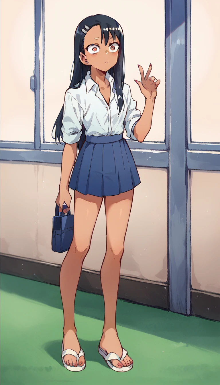 Hayase Nagatoro, White unbuttoned shirt, blue pleated skirt, white sandals 