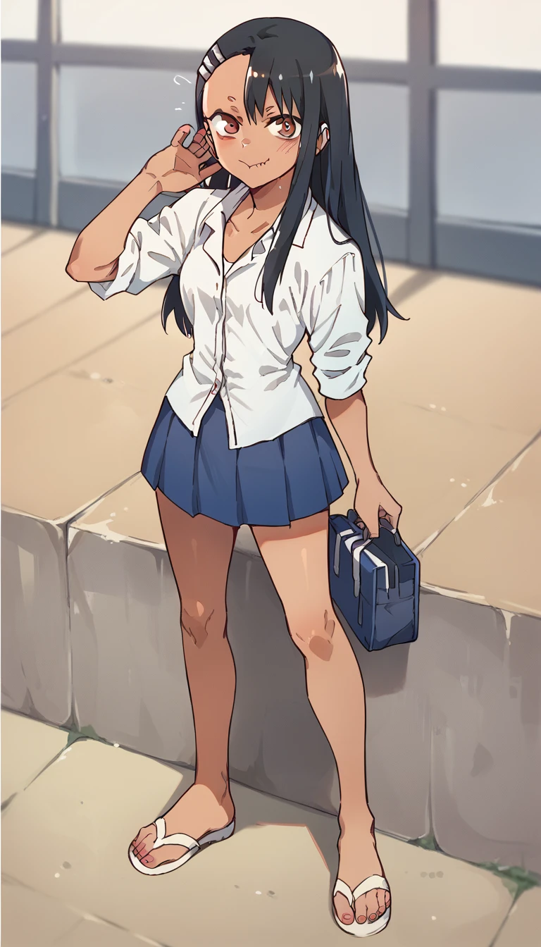 Hayase Nagatoro, White unbuttoned shirt, blue pleated skirt, white sandals 