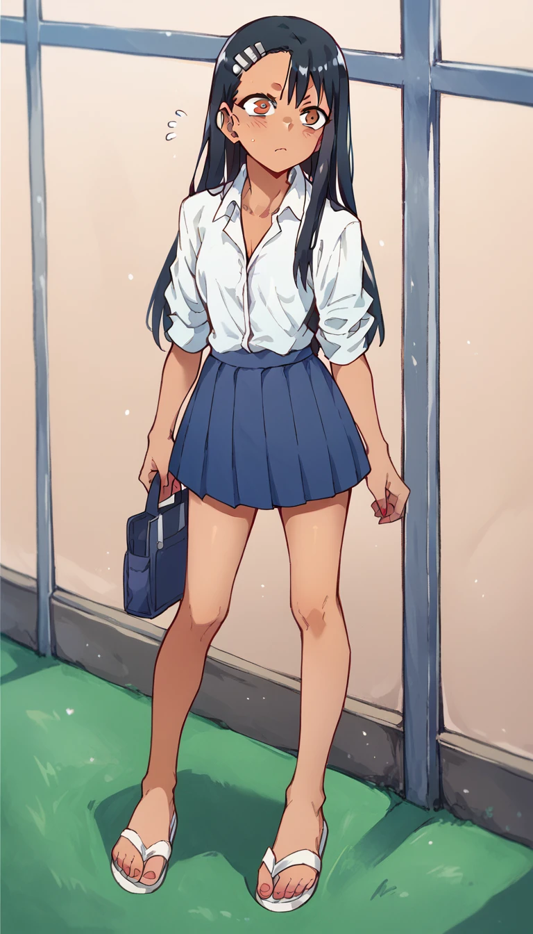 Hayase Nagatoro, White unbuttoned shirt, blue pleated skirt, white sandals 