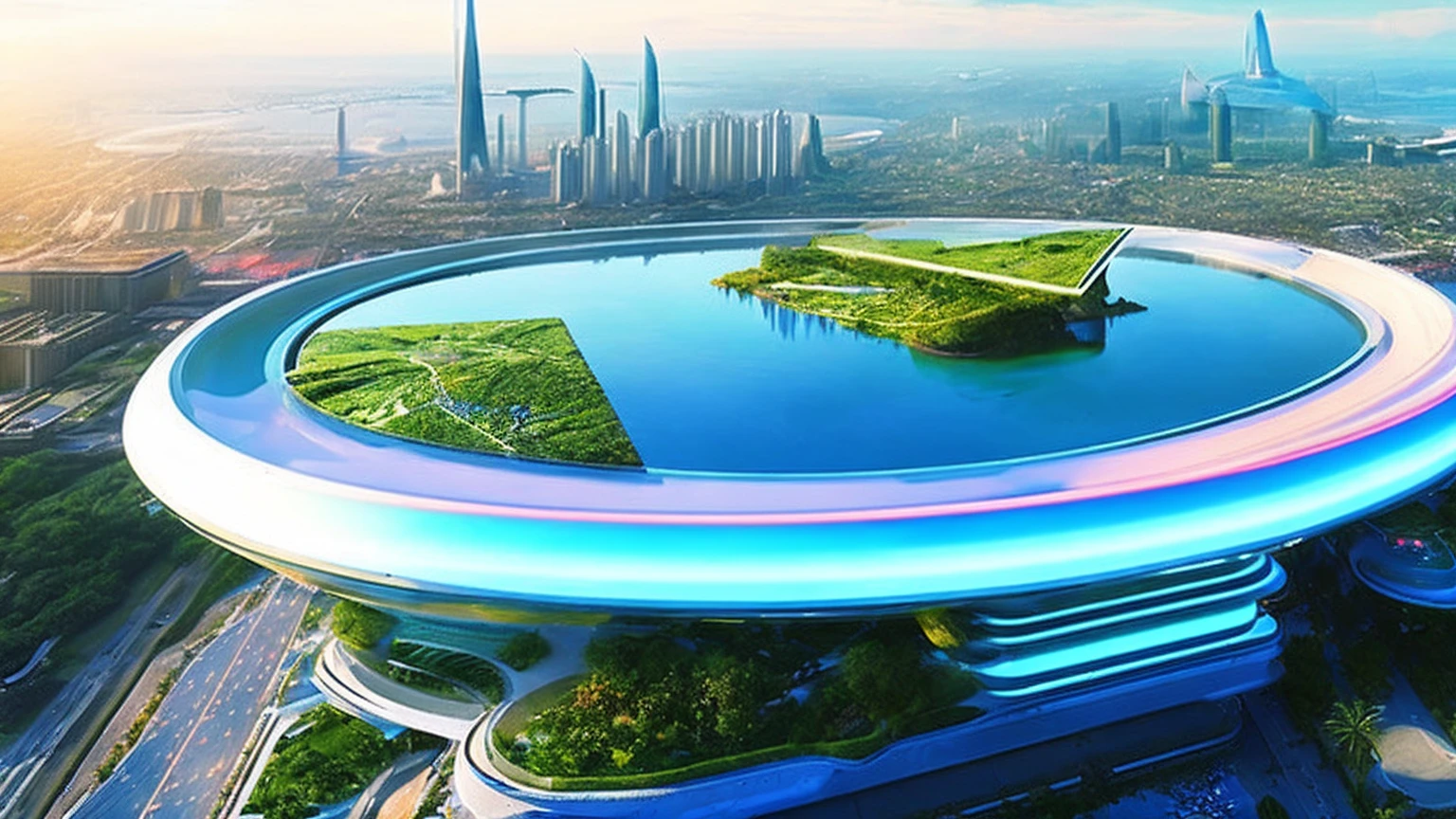 (Best quality,4K,8K,A high resolution,Masterpiece:1.2),Ultra-detailed,(Realistic,Photorealistic,photo-realistic:1.37),Futuristic floating city,Futuristic technology,Huge urban high-tech tablet platform,Airship,Floating in the sky,Futuristic city,Small airships around,High-tech hemispherical platform,Colorful lights,Advanced architecture,modernn architecture,skyscrapper,Access the cloud,Scenic beauty,view over city,Impressive design,Blend seamlessly with nature,energetic and vibrant atmosphere,Futuristic transportation system,Parking is suspended,Transparent path,Lush greenery,Sky gardens,cascading waterfalls,Magnificent skyline,reflections on the water,Sparkling river,Architectural innovation,futuristic skyscrapers,Transparent dome,The shape of the building is unusual,Elevated walkway,Impressive skyline,Glowing lights,Futuristic technology,Minimalist design,Scenic spots,Panoramic view,Cloud Piercing Tower,Vibrant colors,epic sunrise,epic sunset,Dazzling light display,magical ambiance,The future city,Urban Utopia,LuxuryLifestyle,Innovative energy,sustainable development,Smart city technology,Advanced infrastructure,Tranquil atmosphere,Nature and technology live in harmony,Awesome cityscape,Unprecedented urban planning,Architecture connects seamlessly with nature,High-tech metropolis,A cutting-edge engineering marvel,The future of urban living,Visionary architectural concept,Energy-efficient buildings,Harmony with the environment,A city floating above the clouds,Utopian dreams become reality,The possibilities are endless,State-of-the-art transportation network,Green energy integration,Innovative materials,Impressive holographic display,Advanced communication system,Breathtaking aerial view,Quiet and peaceful environment,Modernist aesthetics,Ethereal beauty