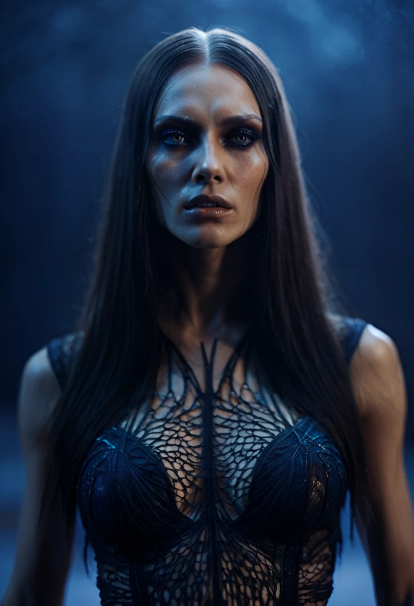 Fashionable of androgynous alien looking witch wearing veil, glowing eyes, beautiful evil slavic muscular woman, pale skin, long hair, futuristic design, minimal details, givenchy, photoreal, 200mm, hd, f/ 2.0, highly detailed, surreal , drop dead, in the style of red and blue, (intricate details, hyperdetailed:1.15) (skin texture:1.2), cinematic, professional, 4k, (((dynamic model pose))), sitting, full body, mesmerizing, dynamic, dramatic, sensual, dynamic pose, highly detailed skin with hair, subcutaneous veins, light and shadow play, highly detailed,24mm photograph, film, bokeh, professional, 4k,