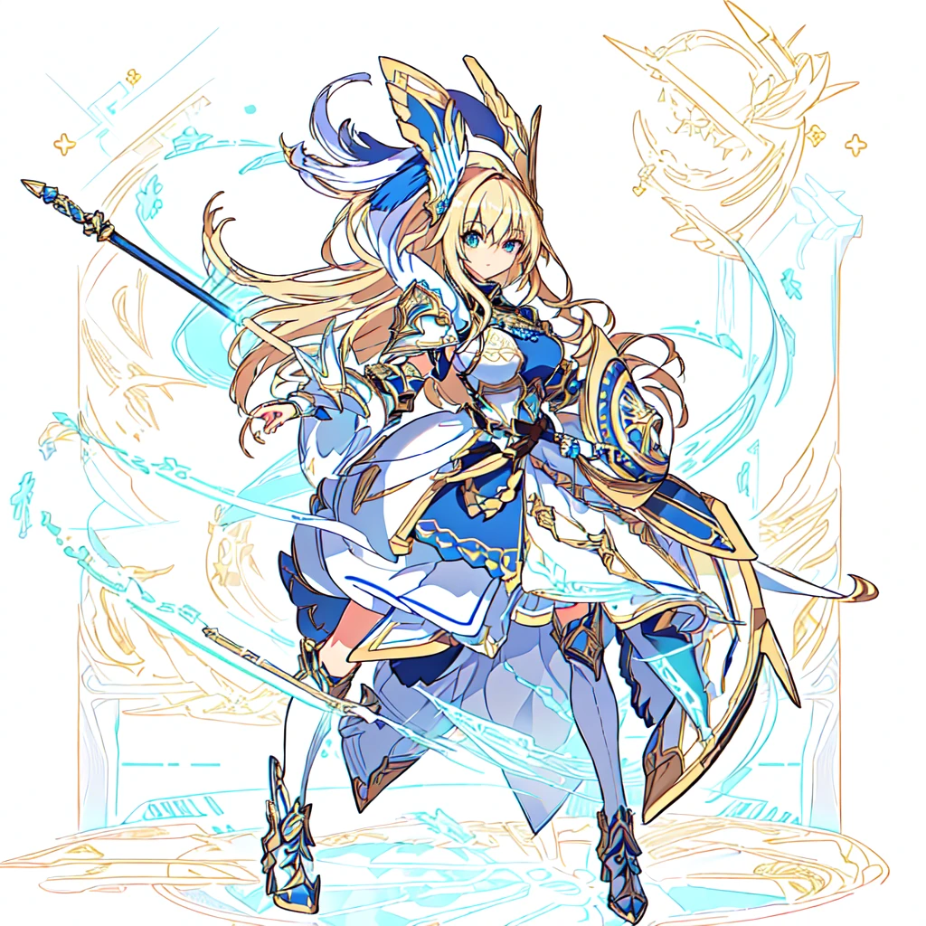 Highest quality, high resolution, High quality game art style, Valkyrie, cowboy shot,Official Art, Smooth game CG art,Cute 3D anime girl render, Visual Novel Sprites, White background,Smooth game CG art, humanoid woman, JRPG Characters, A woman in a white dress and blue armor holding a spear, An intricately designed helmet with white feathers,Small shield, Intricate blue and gold armor,Golden Hair Anime Girl, long hair, Rin々Shii,Large Bust,17 years old,