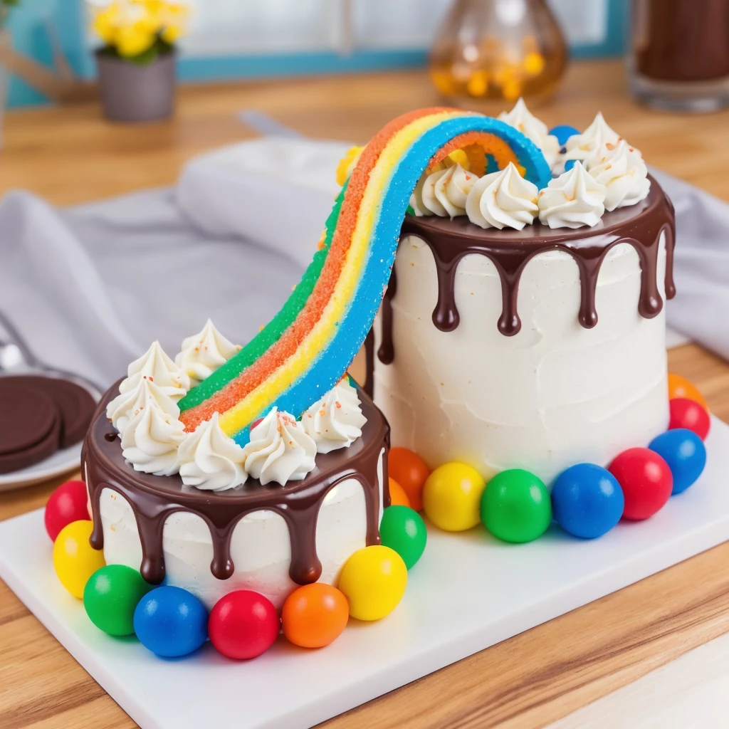 on a wooden table, on a porcelain plate, two cakes made of white cream, sugar candies on the bottom, chocolate ganache on the cake, white swirls on the chocolate ganache, window light, bright lights, soft light, window light, professional lighting, light from the window, neat light, realistic texture, realistic style, detailed texture, high quality, high resolution, high quality rendering, realistic photo, brightning light, macro photo