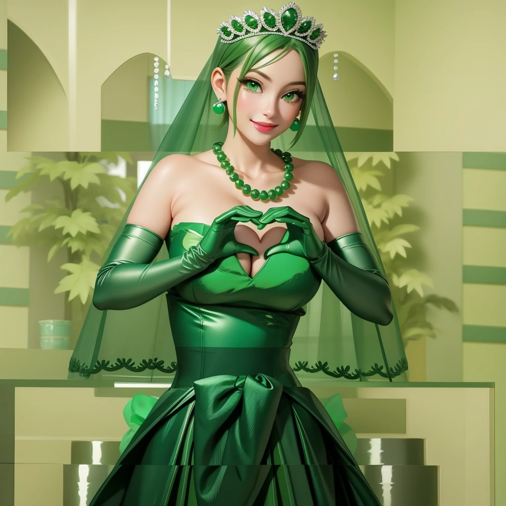 Emerald tiara, Green Pearl Necklace, ボーイッシュな非常に短いGreen Hair, Green Lips, Smiling Japanese woman, Very short hair, Busty beautiful lady, Green Eyes, Green satin long gloves, Green Eyes, Emerald Earrings, Green veil, Heart with both hands, Green Hair, Beautiful Japanese Woman, Heart shaped hands:1.3, green lip gloss