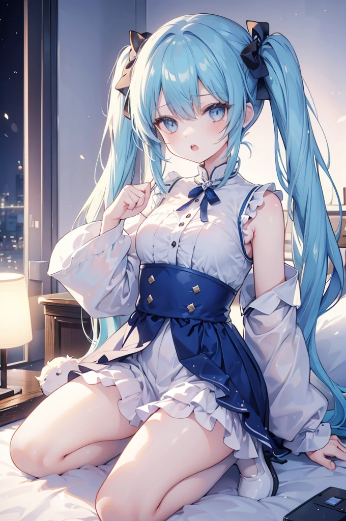 upper body, 1girl, wallpaper, light particles, bed, background, look at viewer, light blue hair, long hair, twintails, white eyes, open mouth